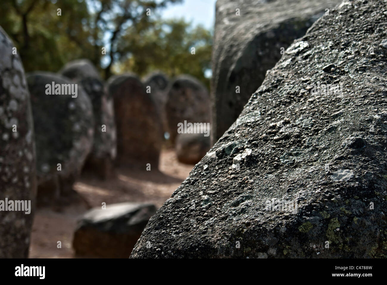 Menhire in Megalith Denkmal der Cromelech Dos Almendres - Evora-Portugal Stockfoto