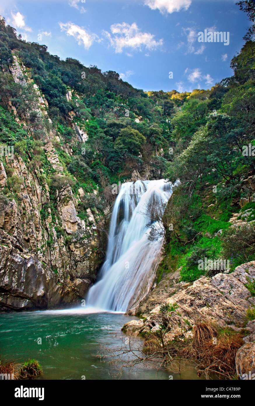 Einer der vielen Wasserfälle bei Polylimnio, ein Ort von außergewöhnlicher natürlicher Schönheit in Präfektur Messinia, Peloponnes, Griechenland Stockfoto