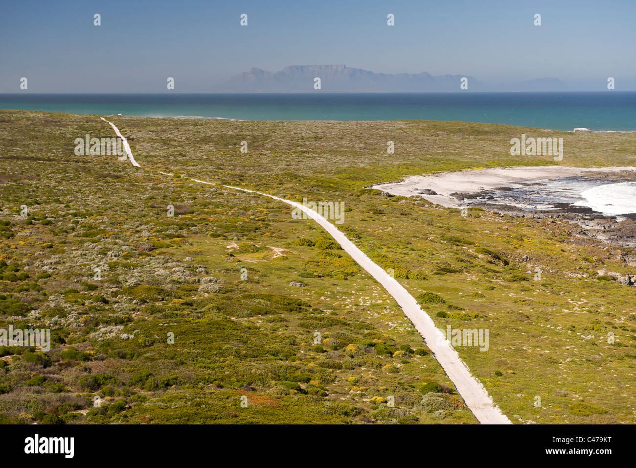 Luftaufnahme einer unbefestigten Straße, die entlang der Bokpunt an der Westküste nördlich von Kapstadt in Südafrika. Stockfoto