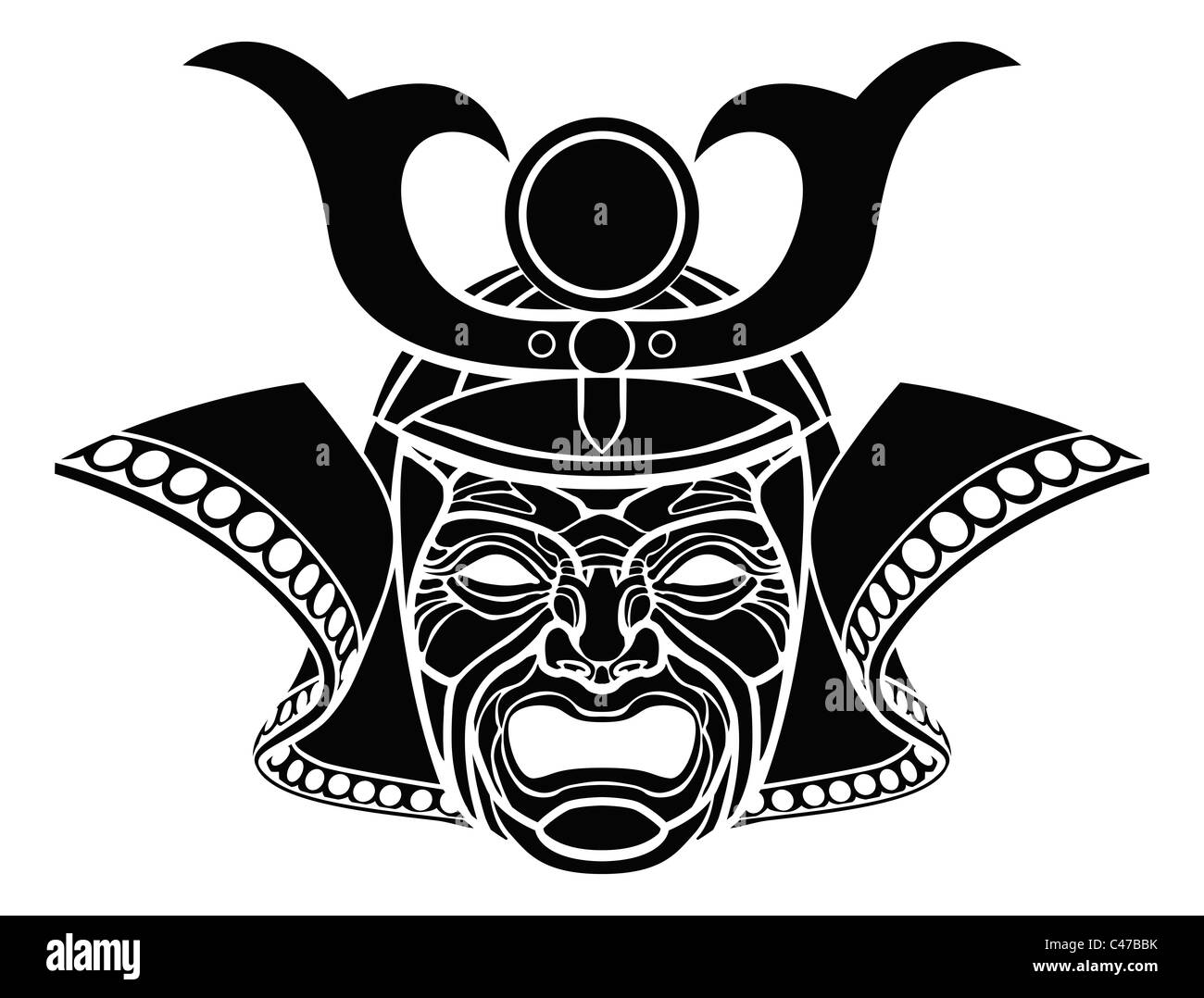 Ein Beispiel für eine furchterregende monochrome Samurai-Maske Stockfoto
