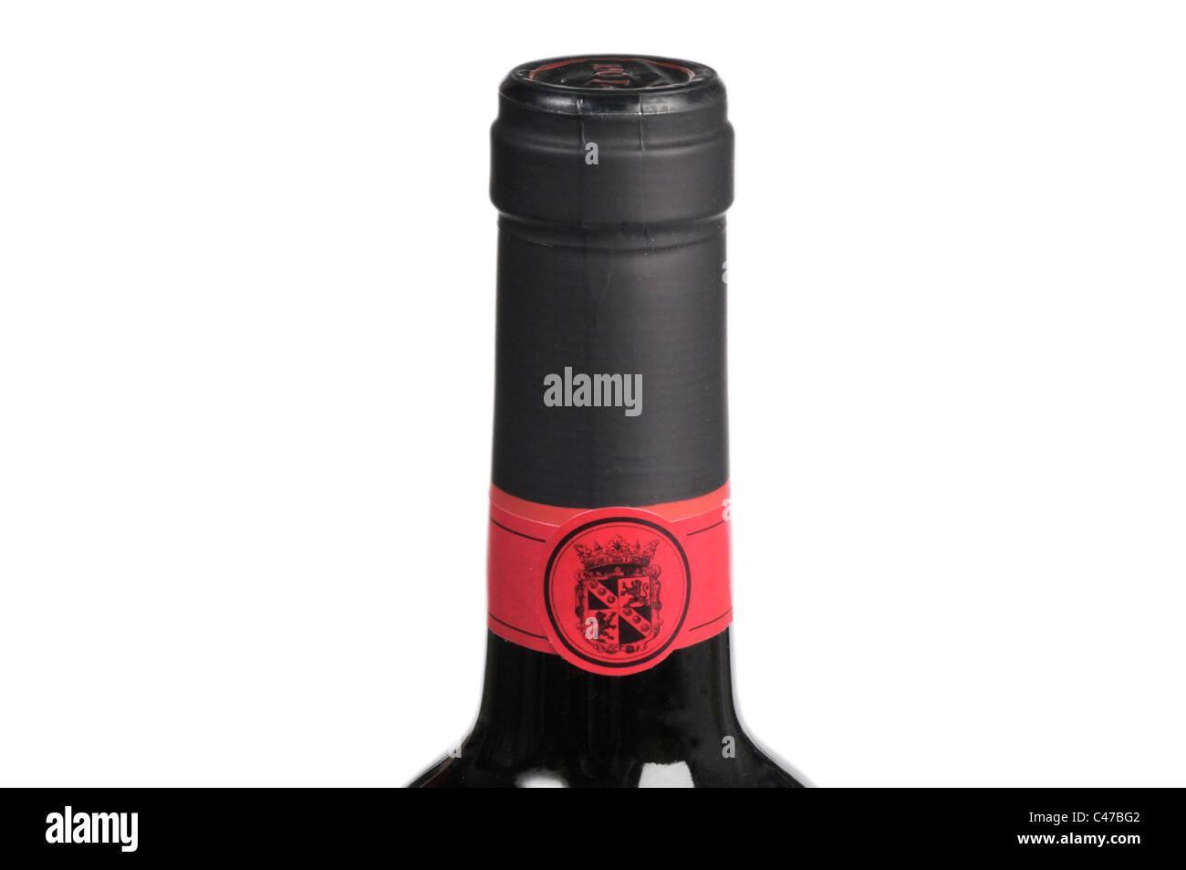 Flasche Wein oben auf weißem Hintergrund Stockfoto