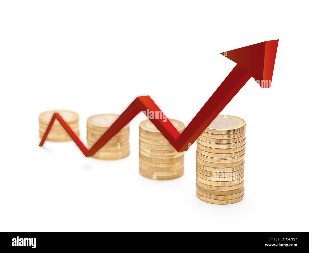 Roter Pfeil und Münzen Wachstumskurve Stockfoto