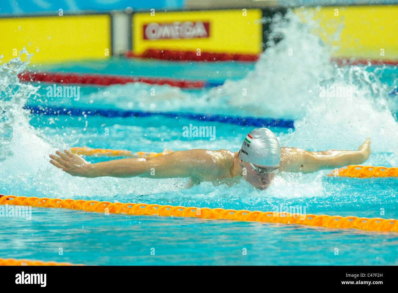 Bence Biczo der Ungarn im Wettbewerb mit der Herren 200m Schmetterling Finale. Stockfoto