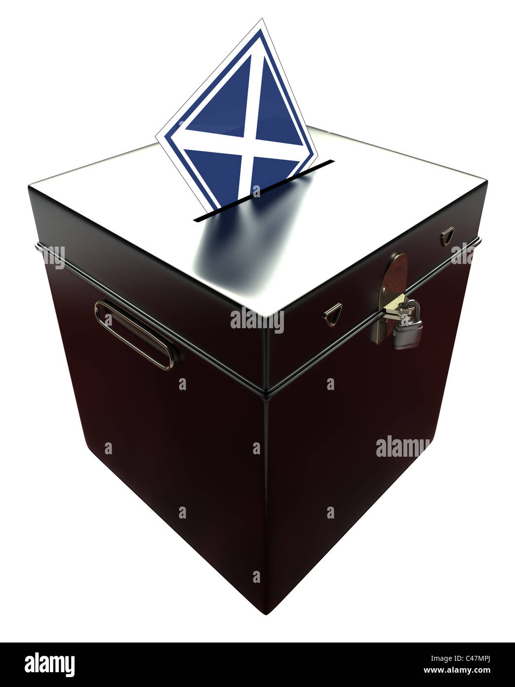 Schottische Flagge als X auf Stimmzettel Rutschen im Deckel schwarz Metall Urne. Schneiden Sie aus. Stockfoto