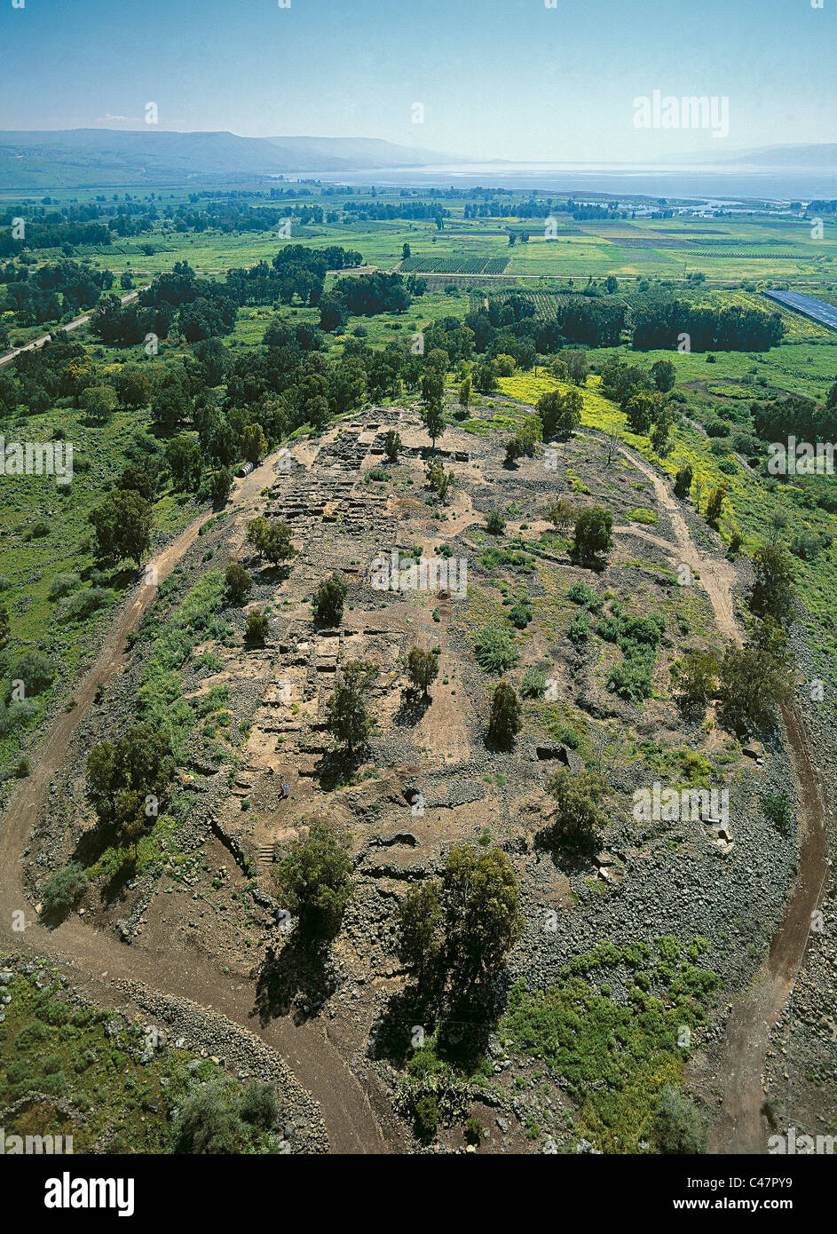 Luftaufnahme des Hügels von Bethsaida in der Nähe vom See Genezareth Stockfoto