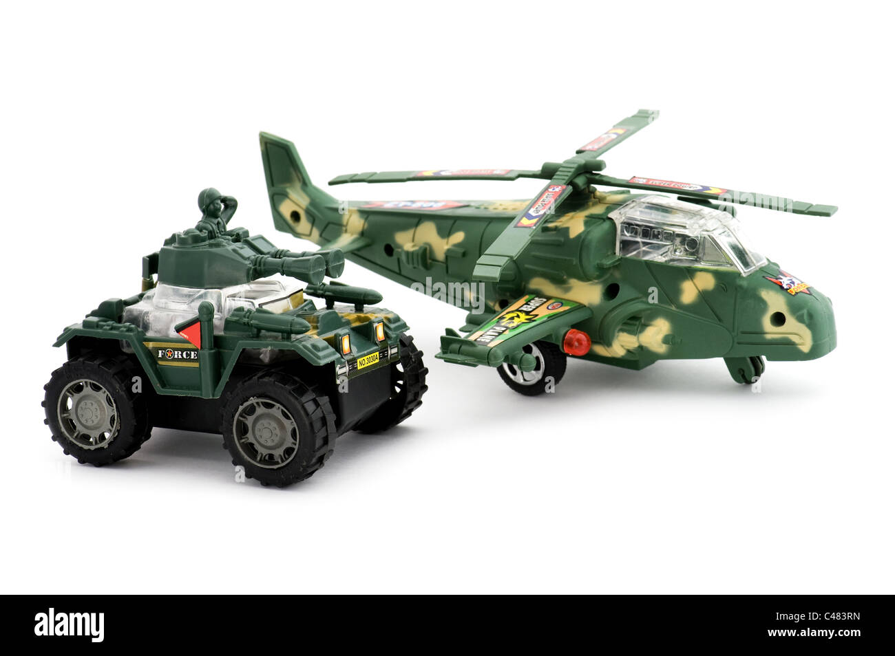 Objekt auf weiß - Spielzeug Militärhubschrauber und jeep Stockfoto