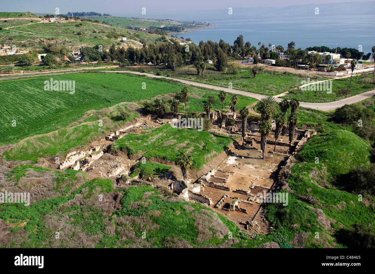 Luftaufnahme der Ruinen von Minya in der Nähe vom See Genezareth Stockfoto