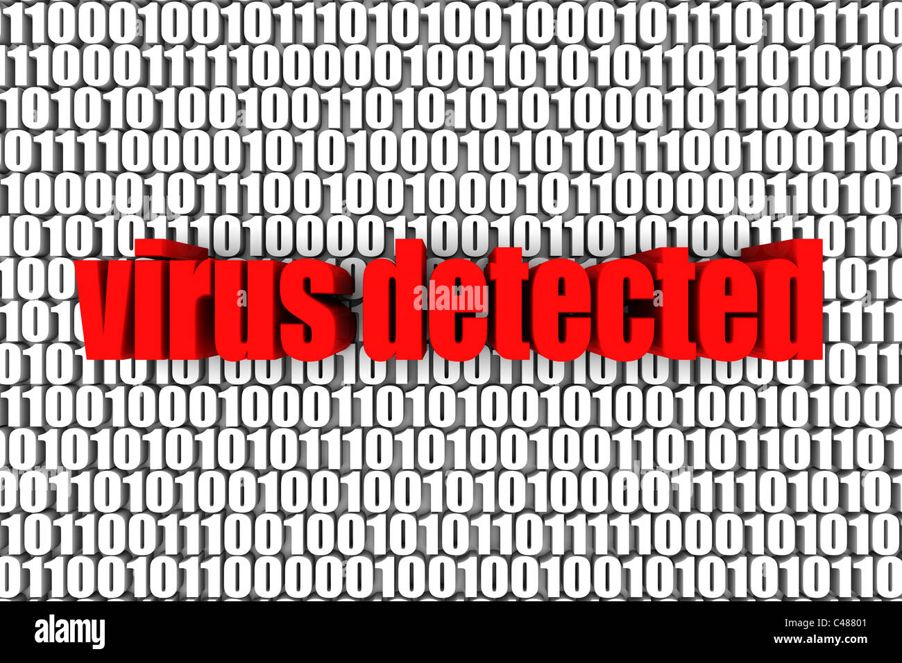 "Virus erkannt" und Binärcode 3D-Text. Teil einer Serie. Stockfoto