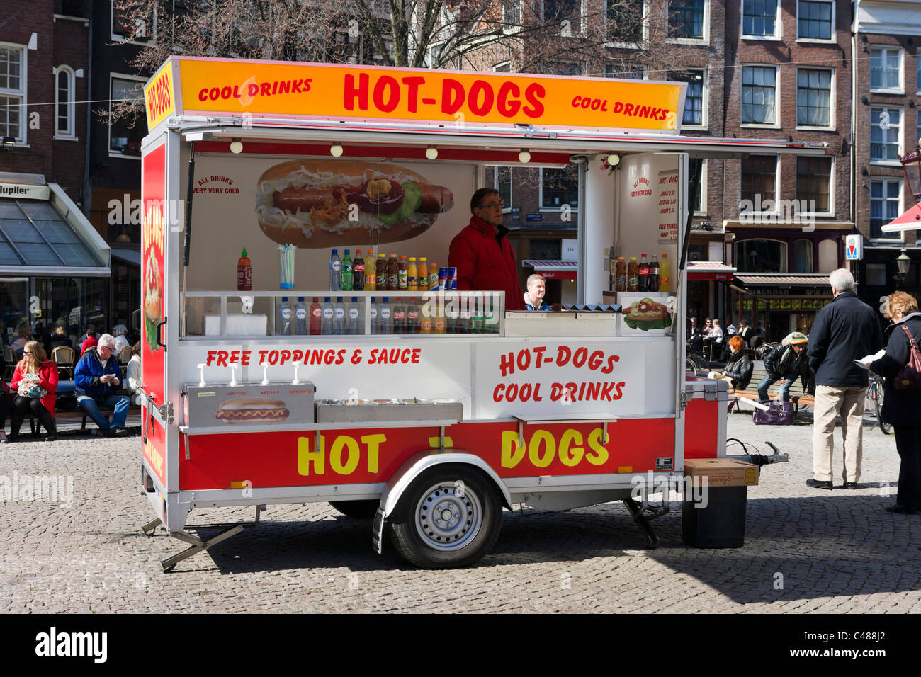 Hotdog-Stand am Spui im Zentrum Stadt, Amsterdam, Niederlande Stockfoto