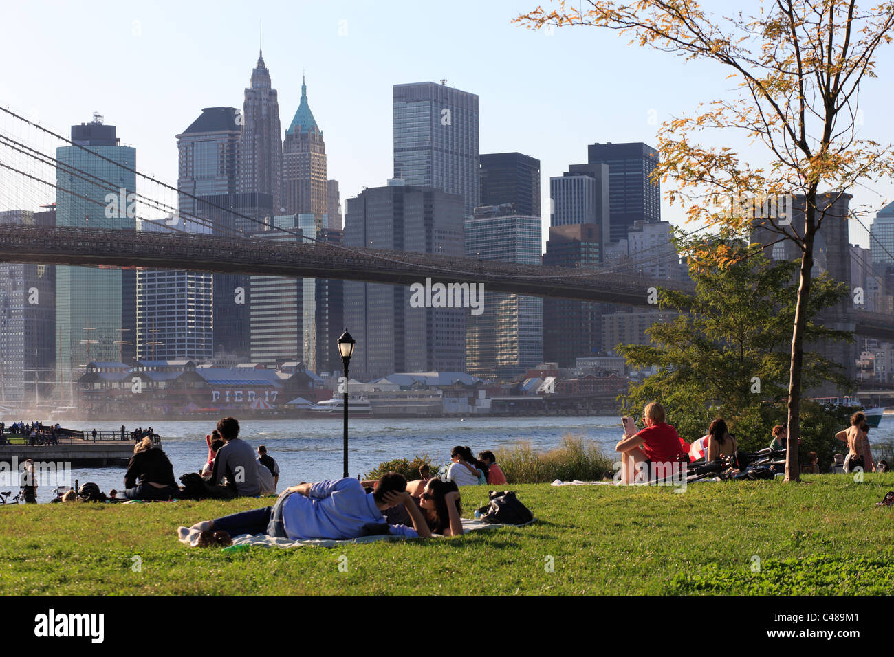 Menschen liegen auf dem Rasen unter der Brooklyn Bridge, New York City, USA Stockfoto