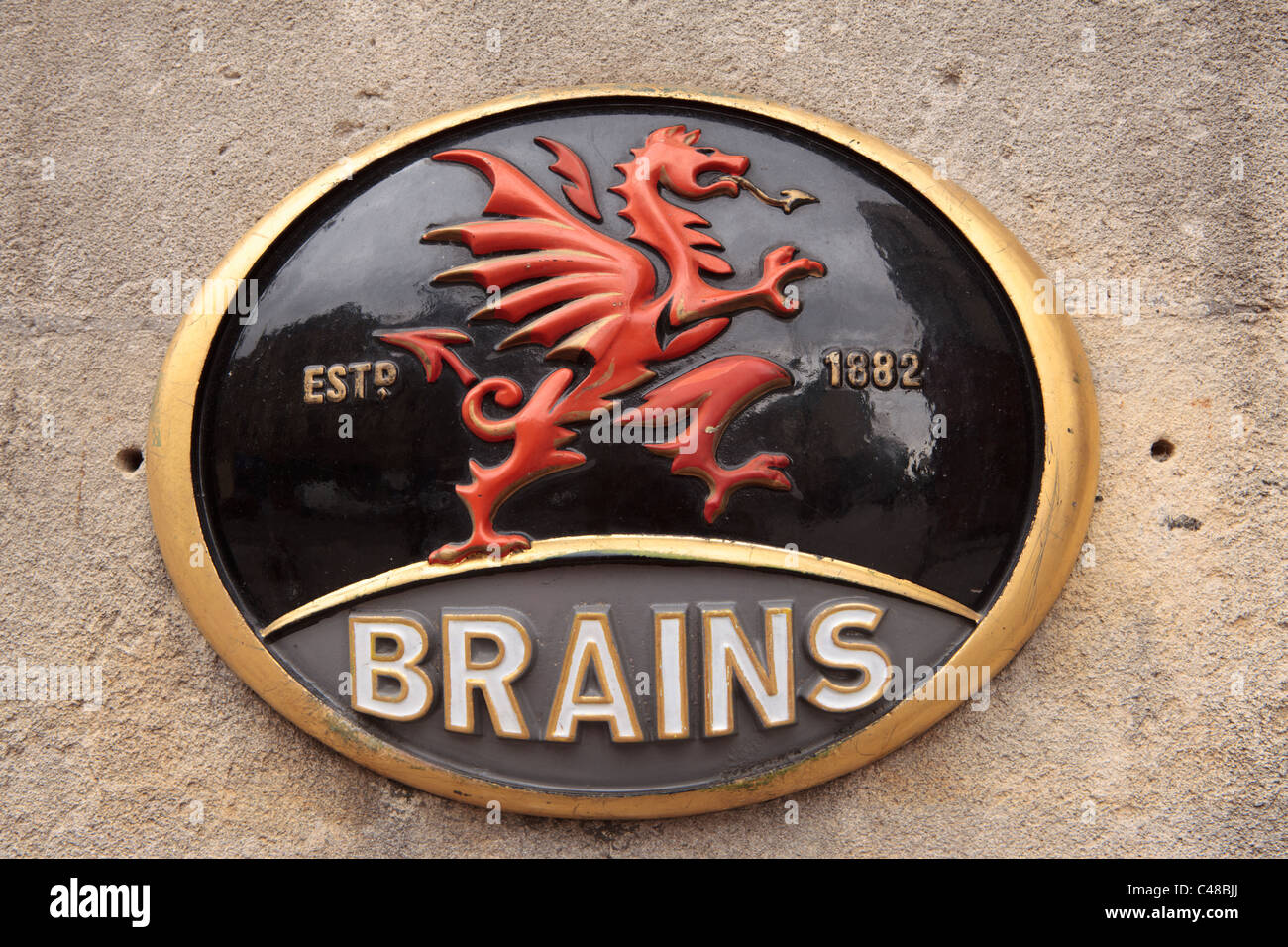 Gehirne Brauerei Plaque, Cardiff, Südwales, UK Stockfoto