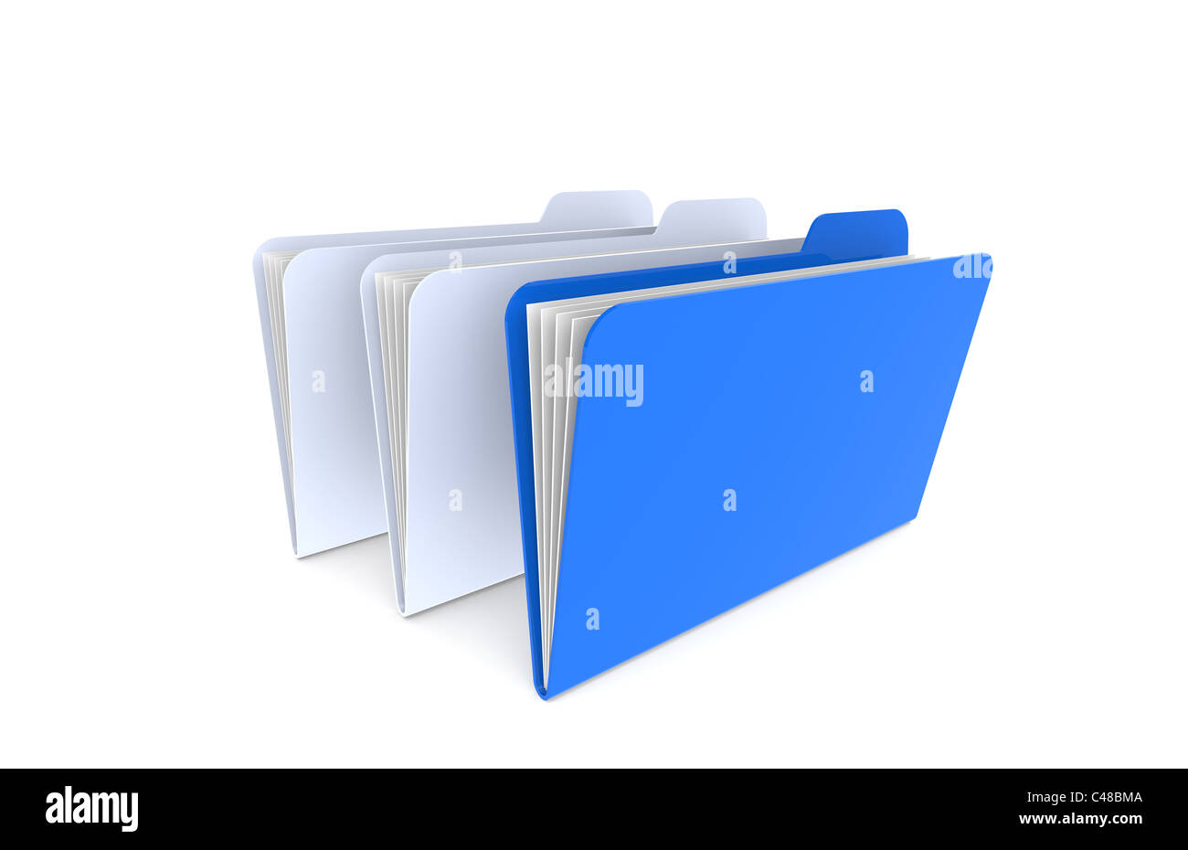 3 Ordner. 1 blaue und 2 hellblau. Isoliert auf weiss. Stockfoto