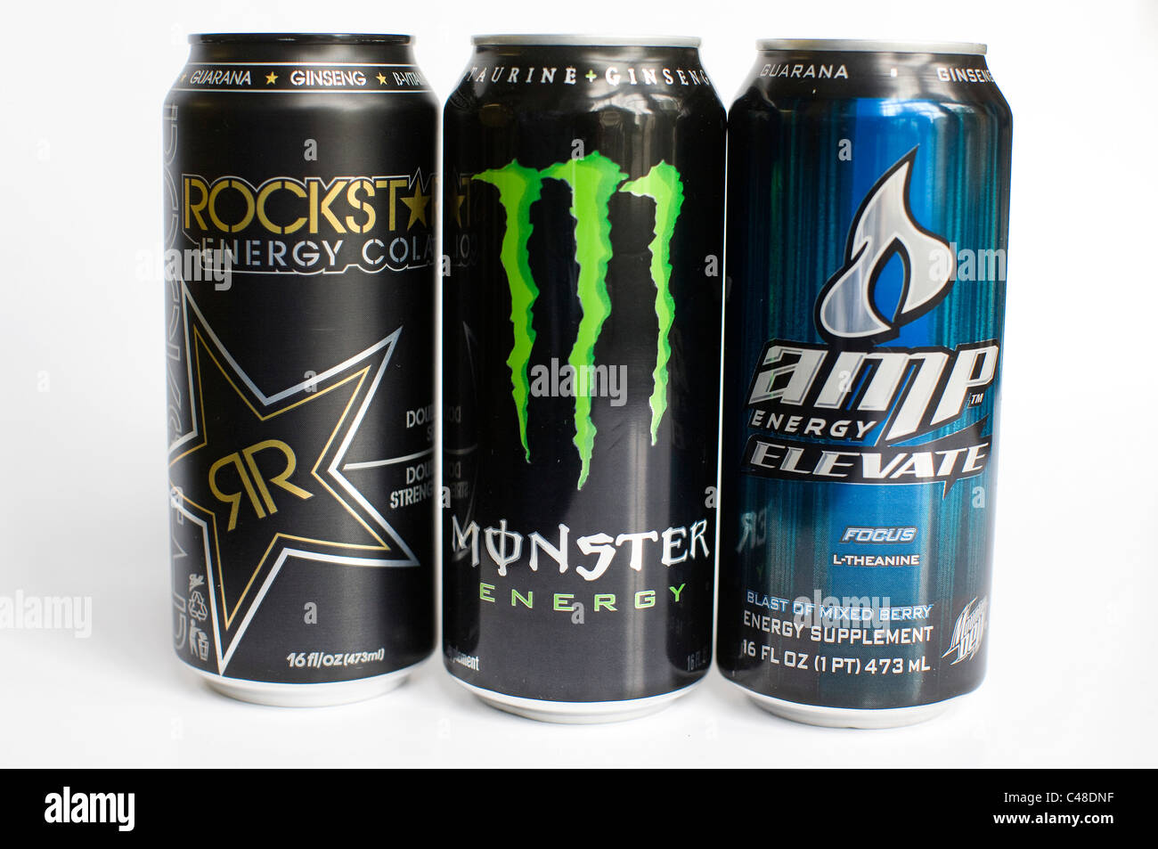 Eine Mischung os RockStar, Red Bull, Monster und AMP Energy-drinks. Stockfoto