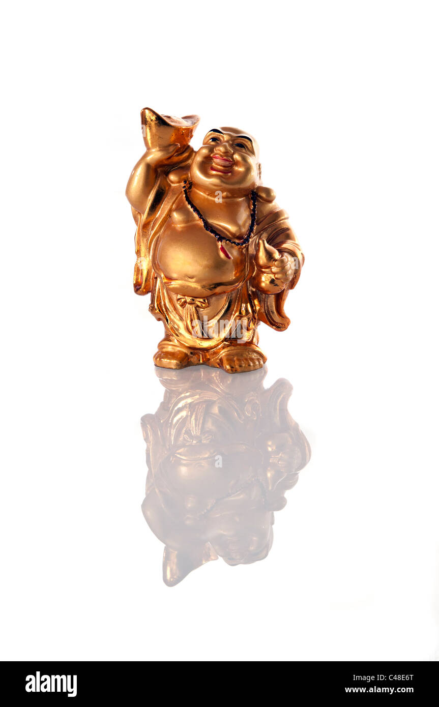Buddha lachend isoliert auf weißem Hintergrund Stockfoto