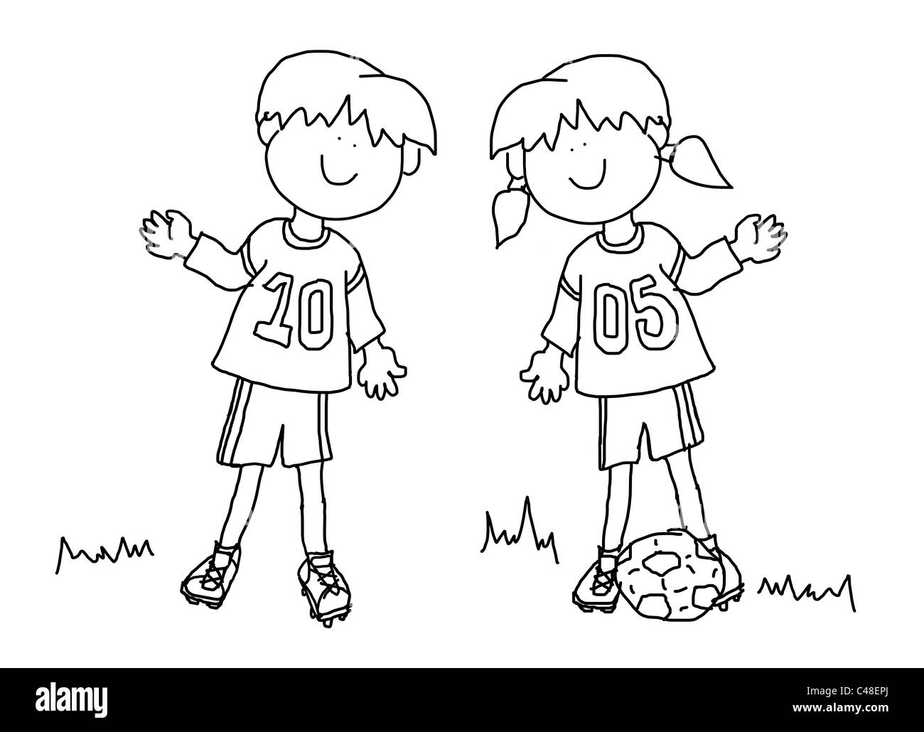 Spaß jungen und Mädchen cartoon Umriss spielen Fußball oder Fußball in ihrer Team-Uniform (Großformat). Stockfoto