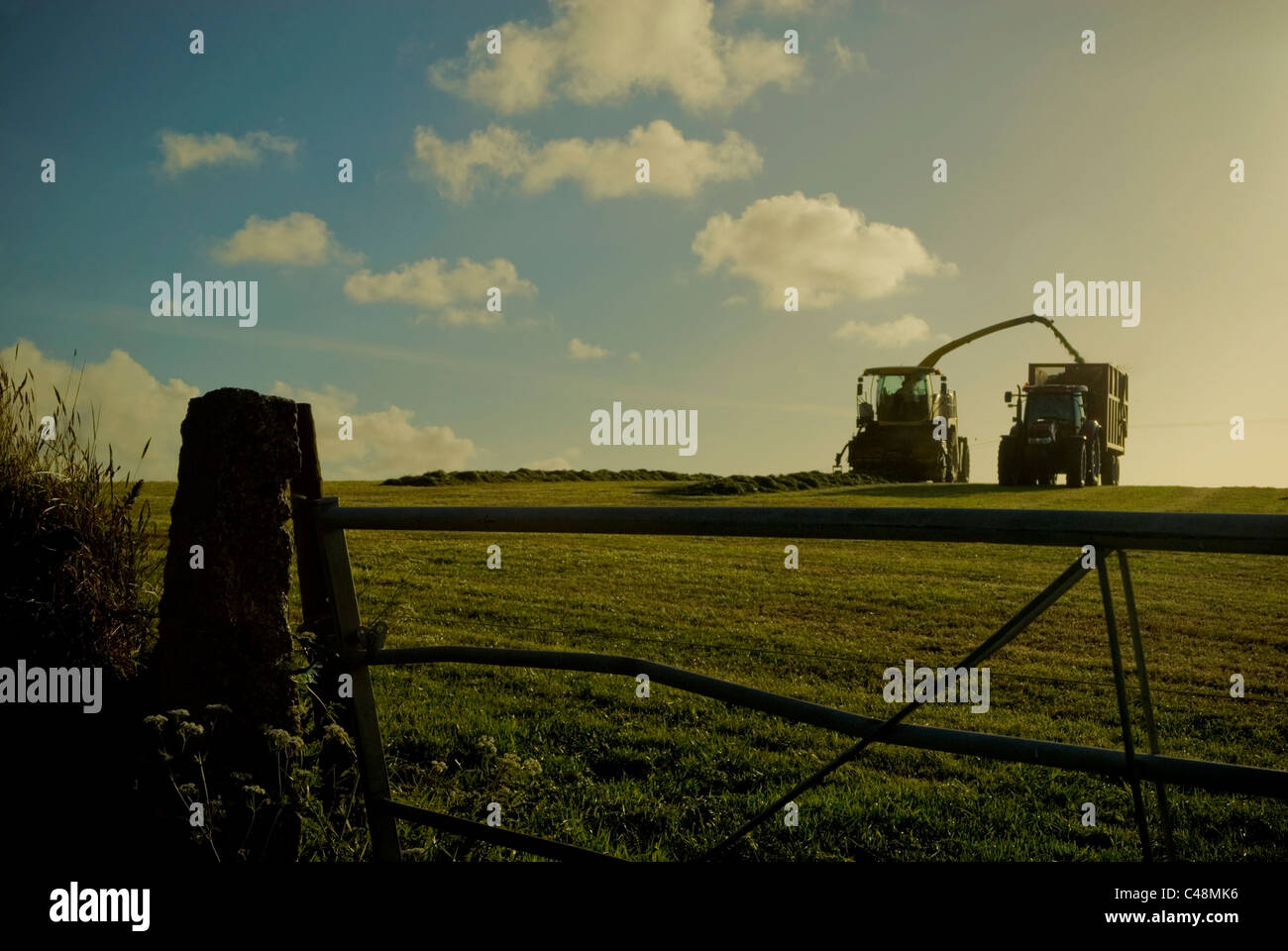 Landwirtschaftliche Fahrzeuge sammeln Heu, England, UK Stockfoto