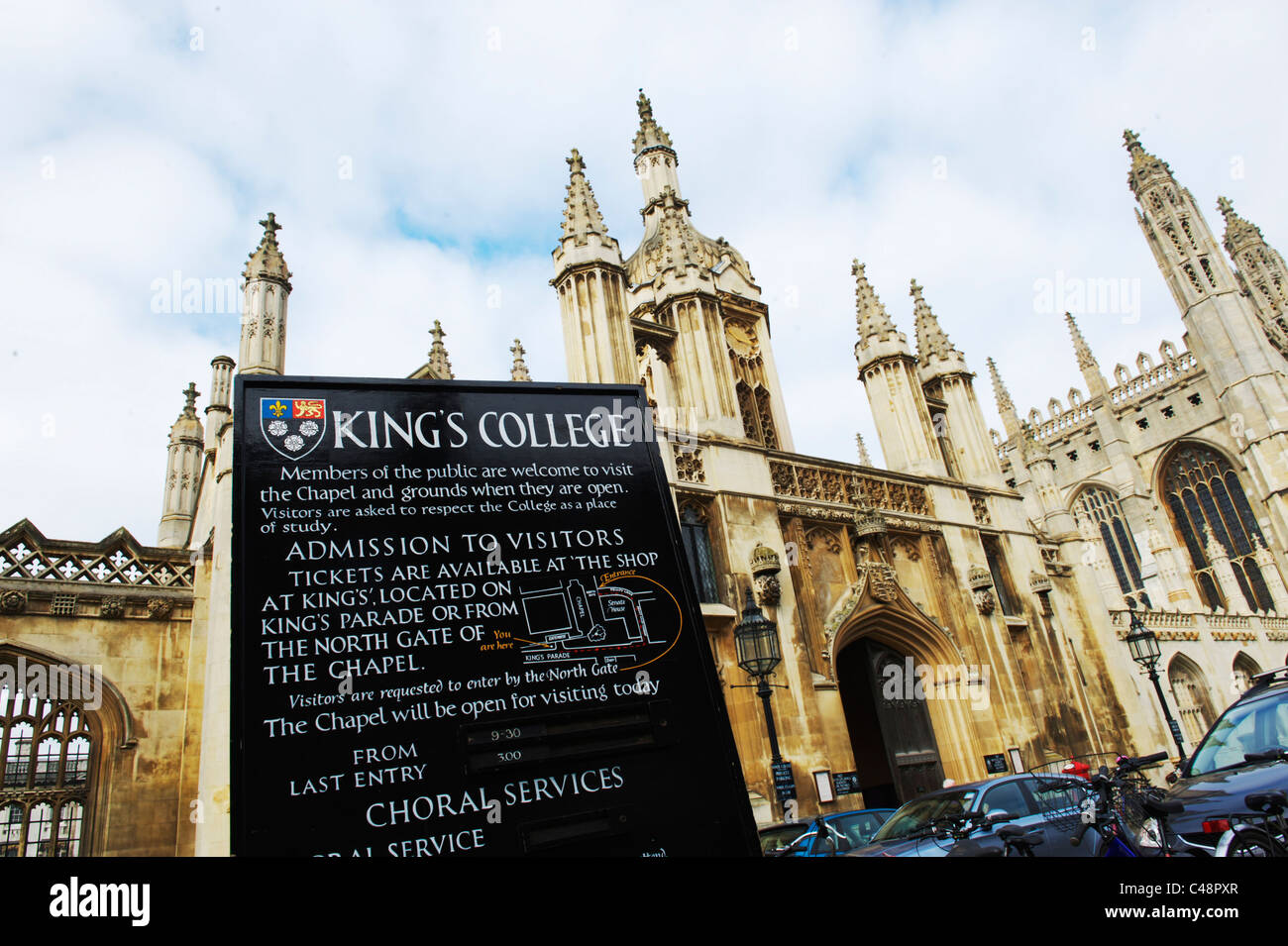 Weitwinkelaufnahme des Kings College Cambridge, UK Stockfoto