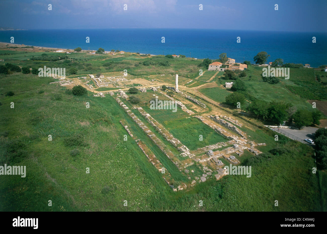 Luftaufnahme der Ruinen von einem Heraion auf der griechischen Insel Samos Stockfoto