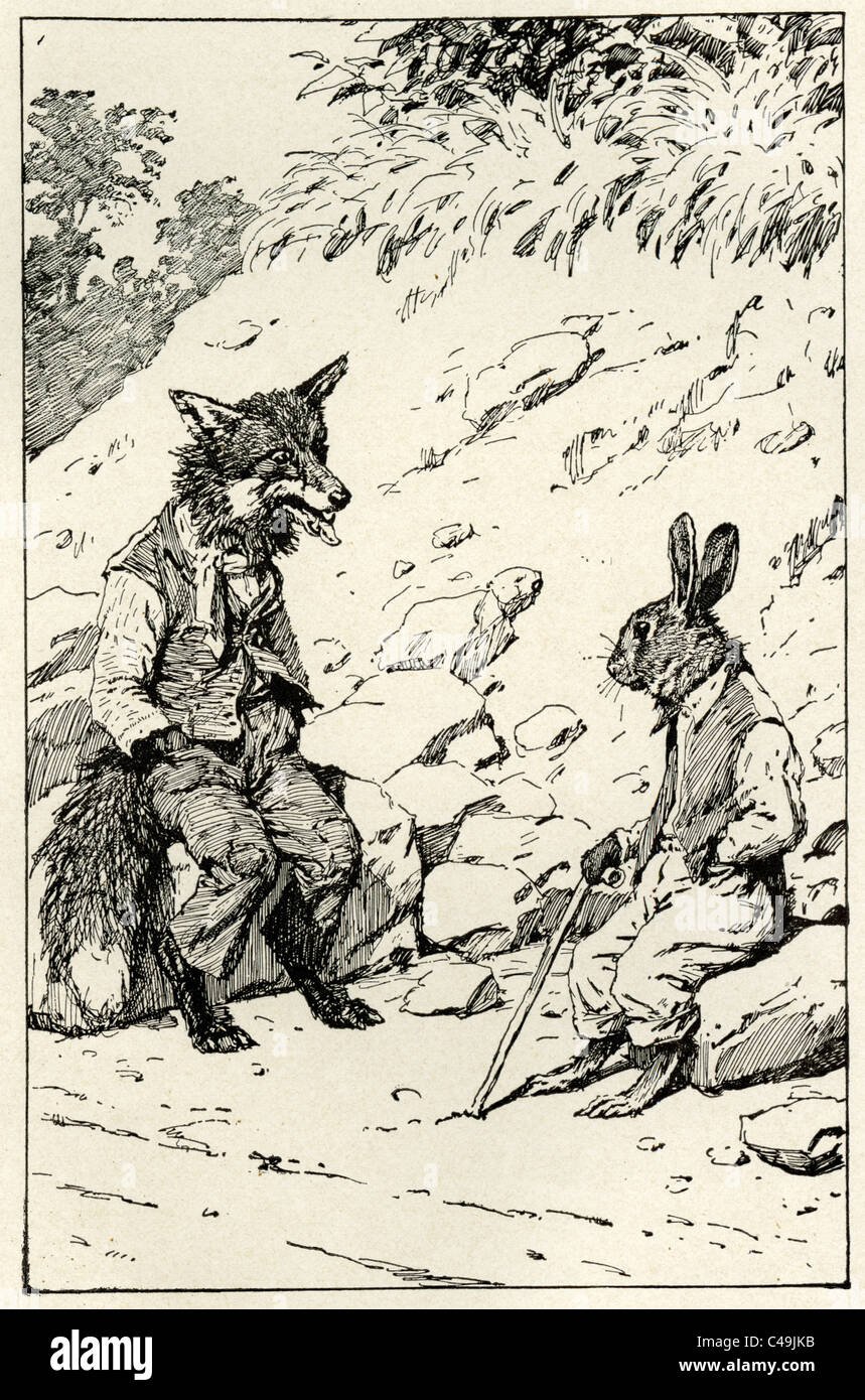 Brer Fox sitzt und spricht mit Brer Kaninchen. Stockfoto
