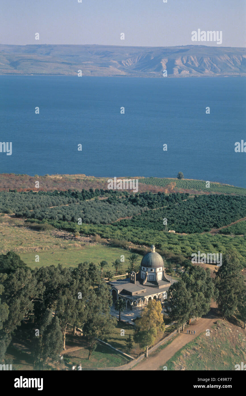 Luftaufnahme von dem Berg der Seligpreisungen in der Nähe vom See Genezareth Stockfoto