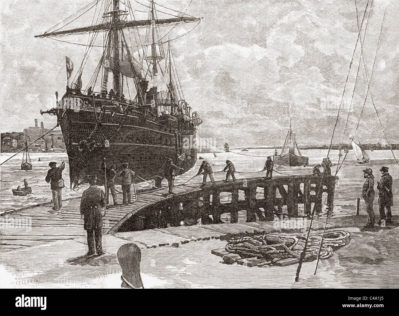 Ankunft eines Dampfers in Southampton Docks, Hampshire, England im späten 19. Jahrhundert. Stockfoto