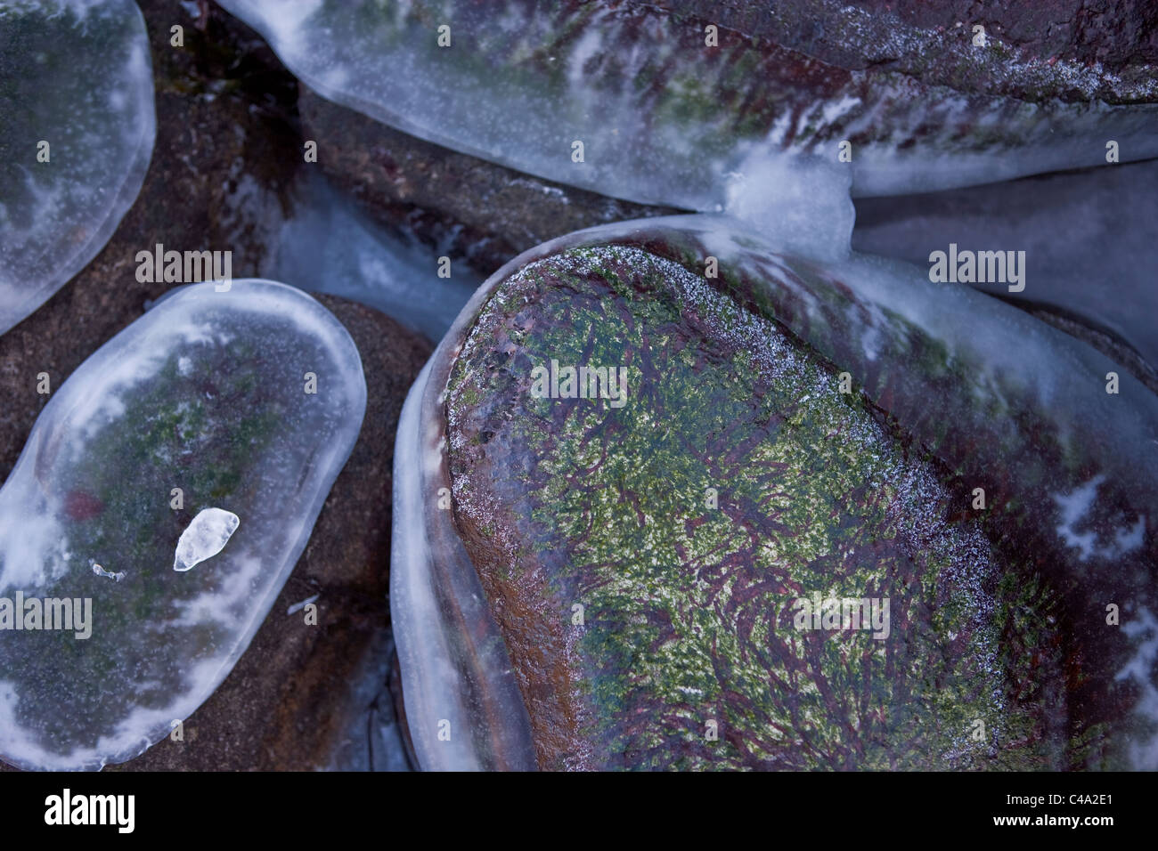 Felsstrand, Madland, Norwegen. Winter Schnee Eis Stockfoto