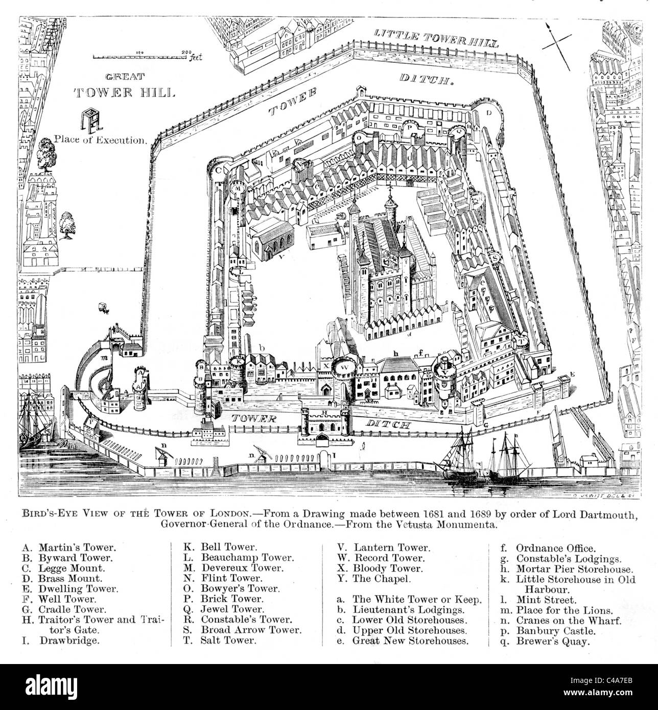 Vogelperspektive des Tower of London 1681-1689 mit Legende; Schwarz und weiß-Abbildung; Stockfoto