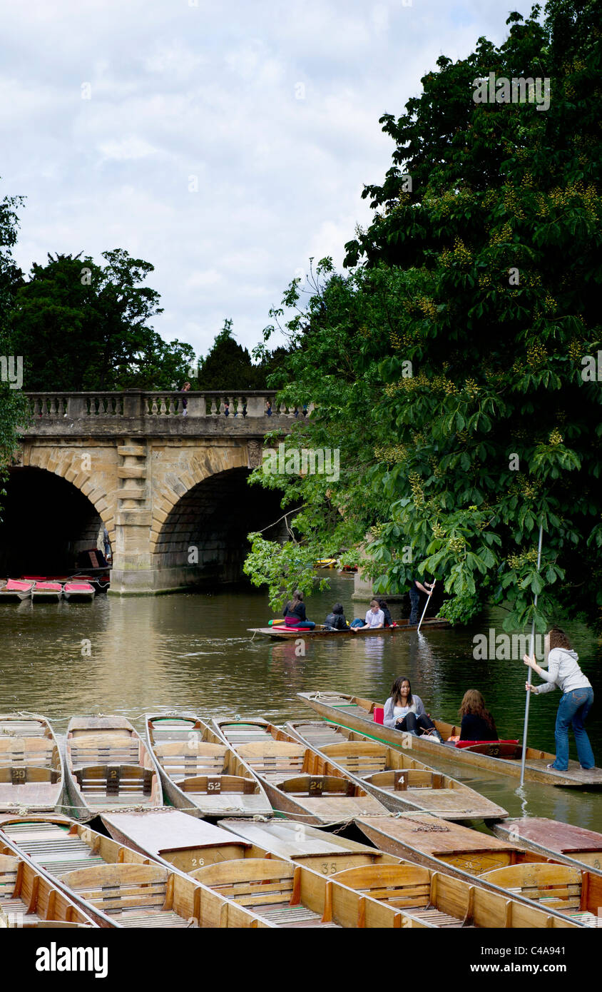 Punts und Bootfahren auf dem Fluss Cherwell in der Nähe von Magdalen Bridge in Oxford; Boote Nahe Magdalen Brücke Stockfoto