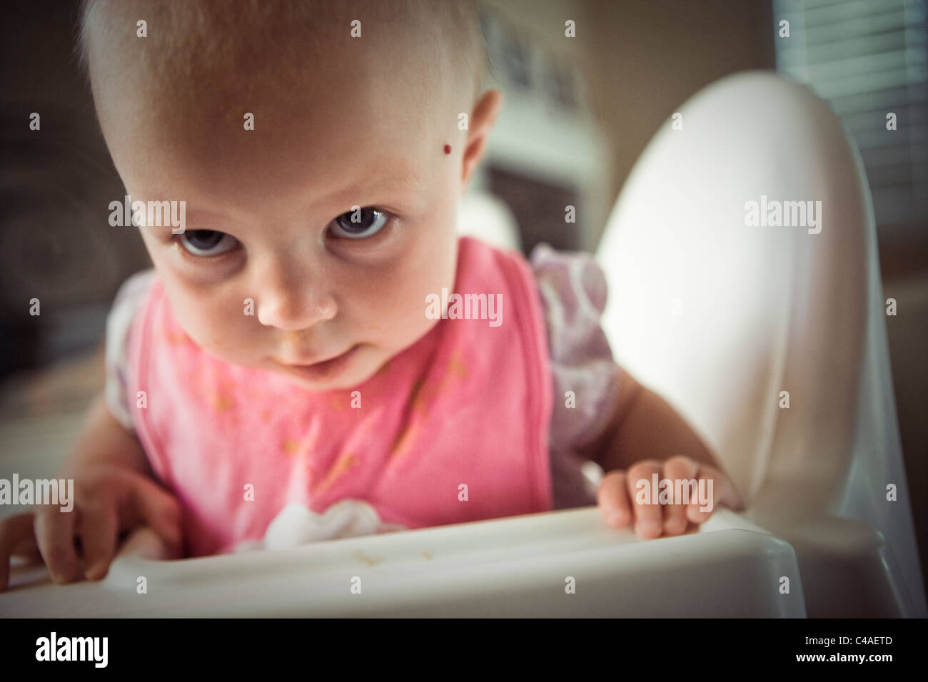 Baby Suche besaß im Hochstuhl Stockfoto