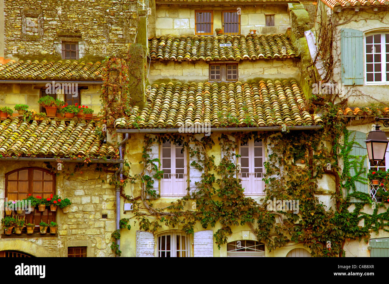 Arles; Bouches du Rhone, Frankreich; Fassaden von Häusern mit Pflanzen, mit Blick auf den Fluss Stockfoto