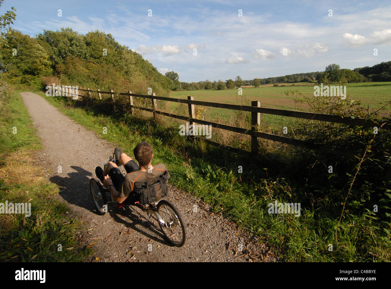 Liegender Radfahrer unterwegs Wald in der Nähe von Forest Row, East Sussex. Stockfoto