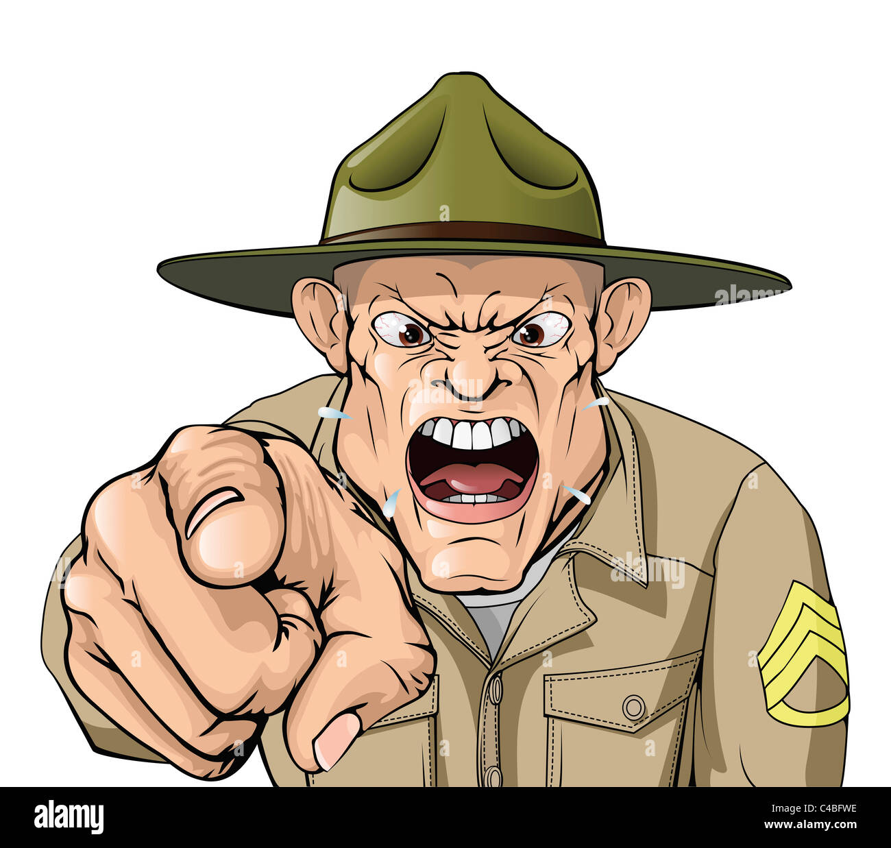 Außenillustration Cartoon böse aussehende Armee drill Sergeant schreiend auf den Betrachter Stockfoto