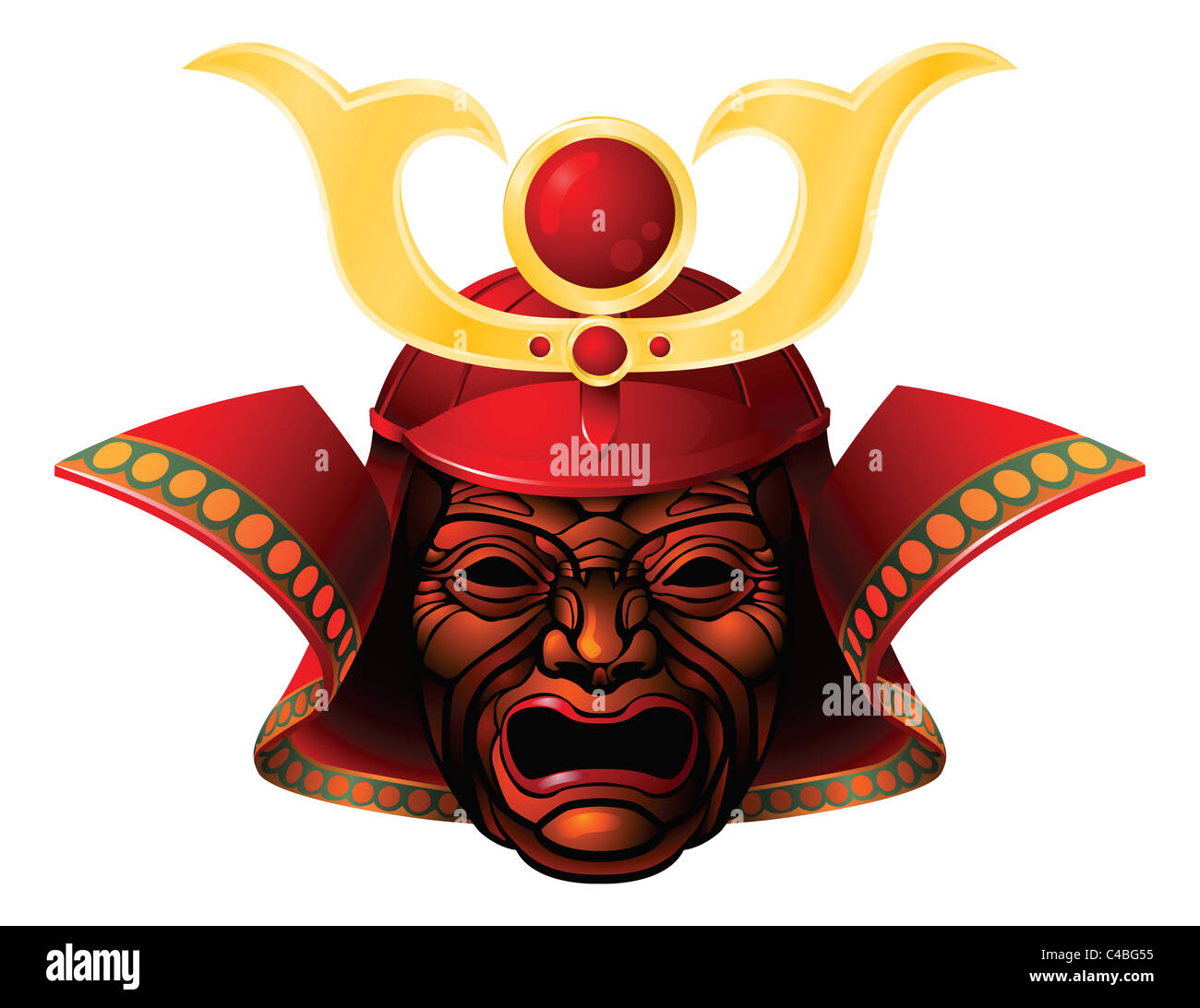 Ein Beispiel für eine furchterregende rote und gelbe Samurai-Maske Stockfoto