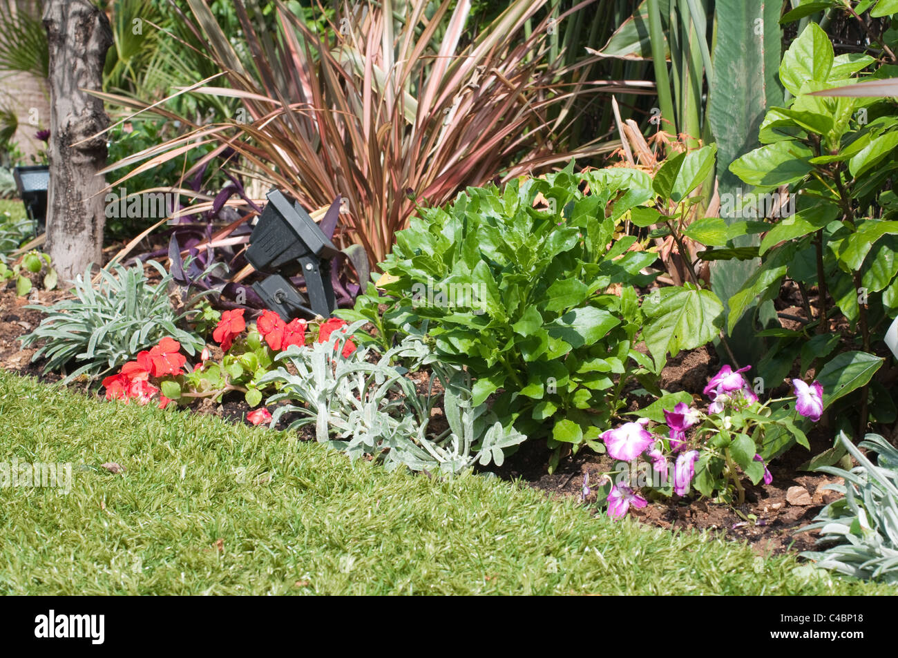 Teil eines Gartens mit Kunstrasen, Blumenbeet und Gartenbeleuchtung Stockfoto