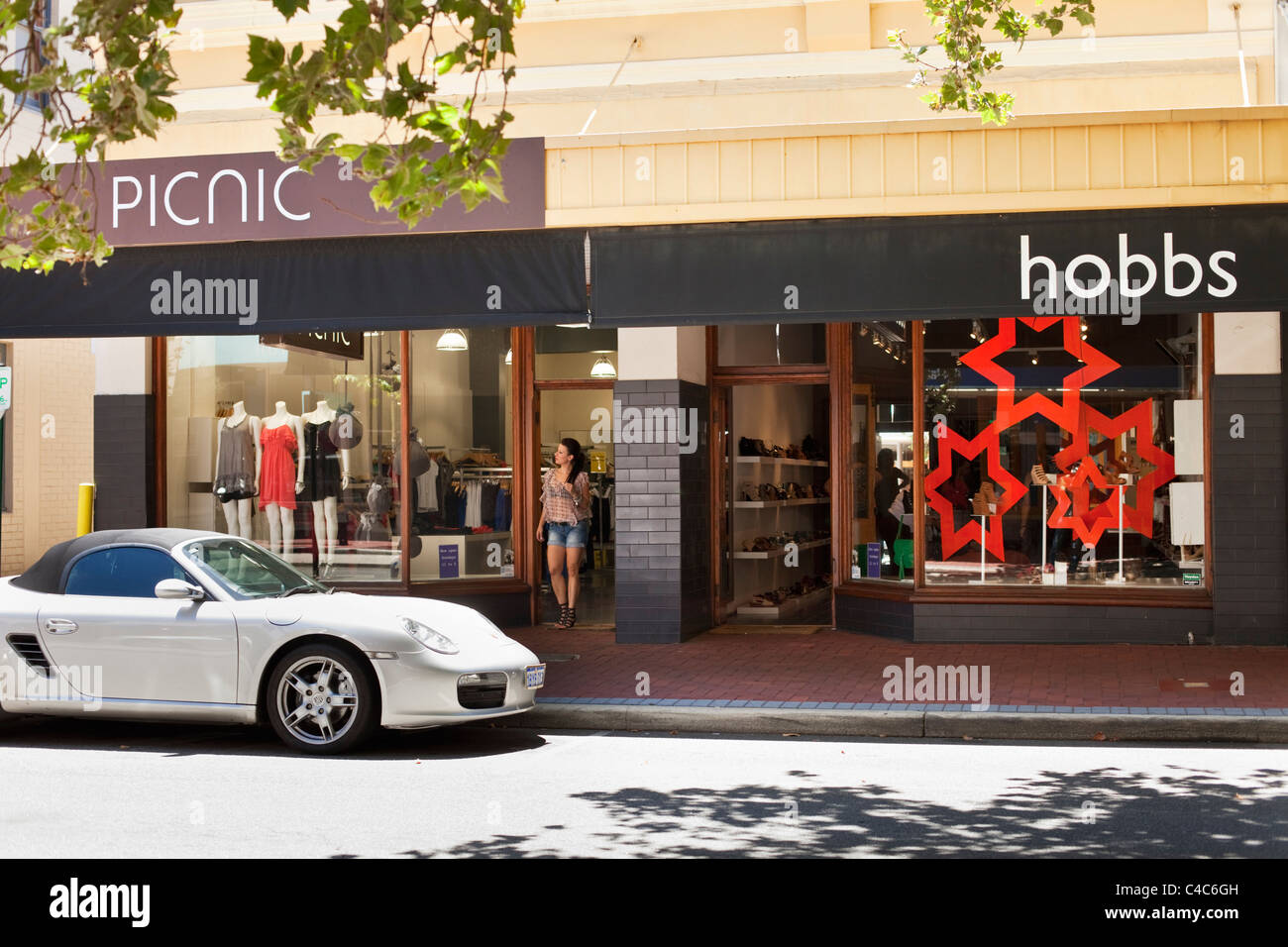 Boutiquen entlang Rokeby Road. Subiaco, Perth, Western Australia, Australien Stockfoto
