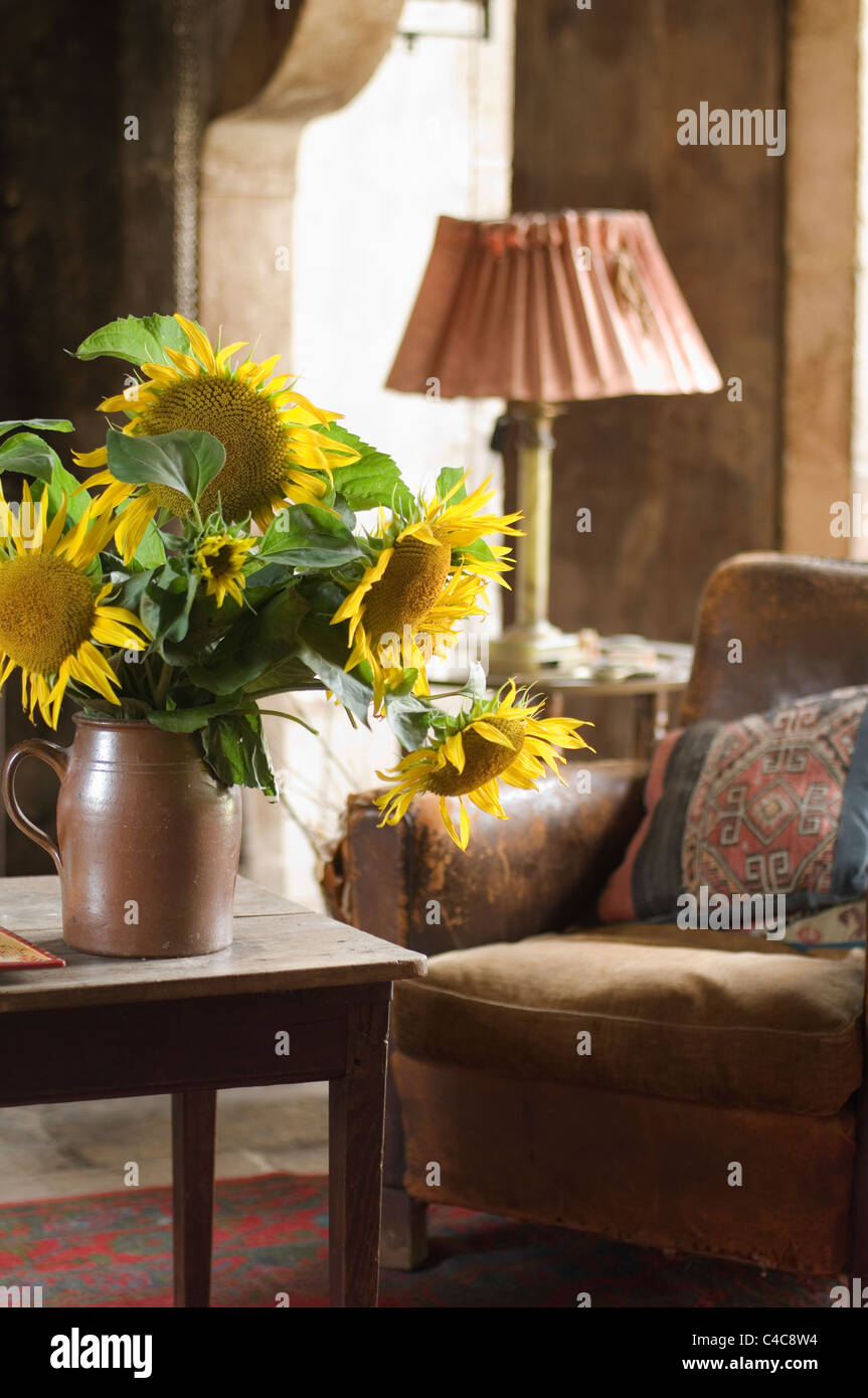 Große Sonnenblumenköpfe in einem Terrakotta-Krug in rustikalen Bauernhaus Wohnzimmer mit distressed Ledersessel Stockfoto