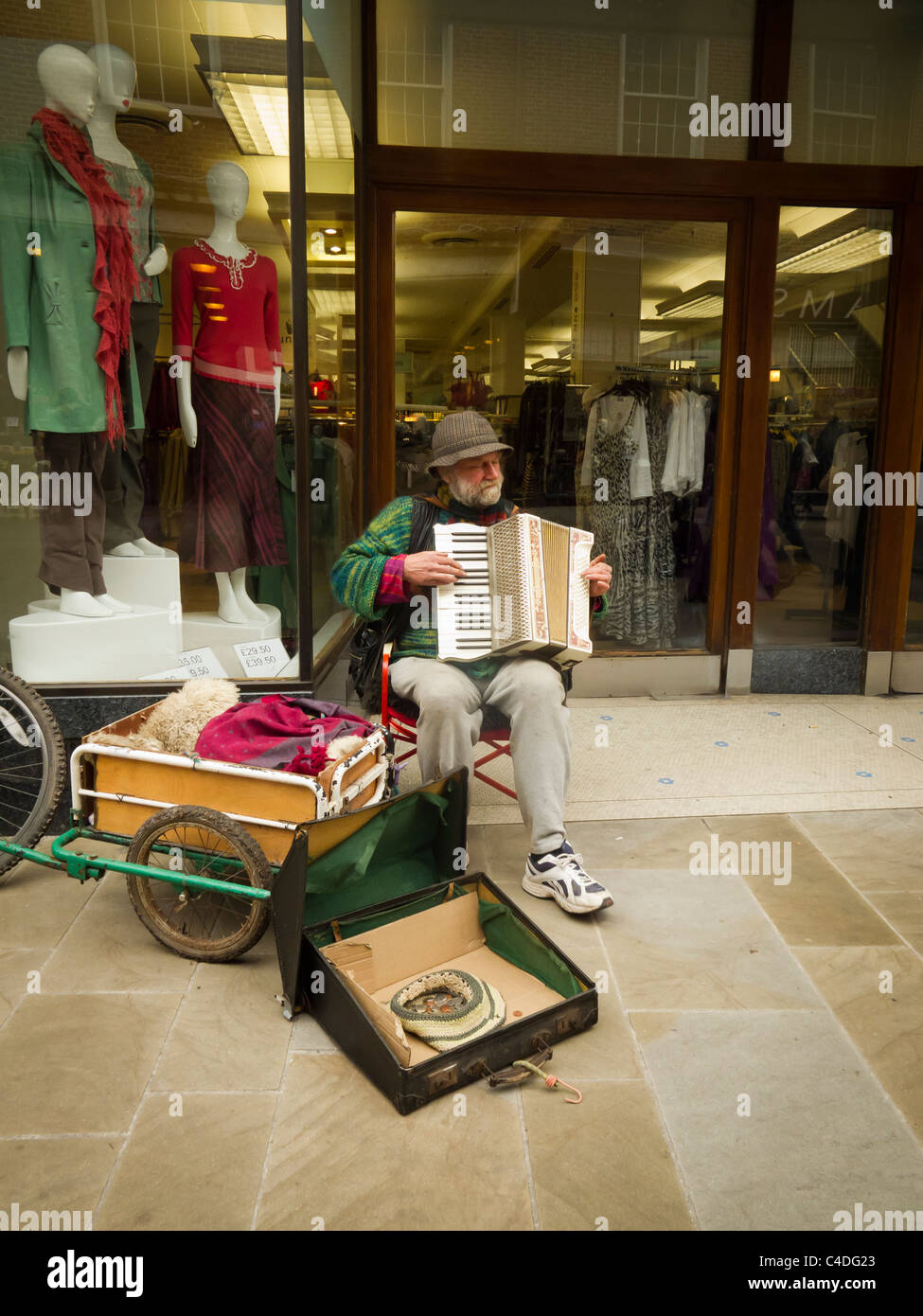 Straßenmusiker spielen Akkordeon außen Shop in Winchester, Hampshire, England. Stockfoto