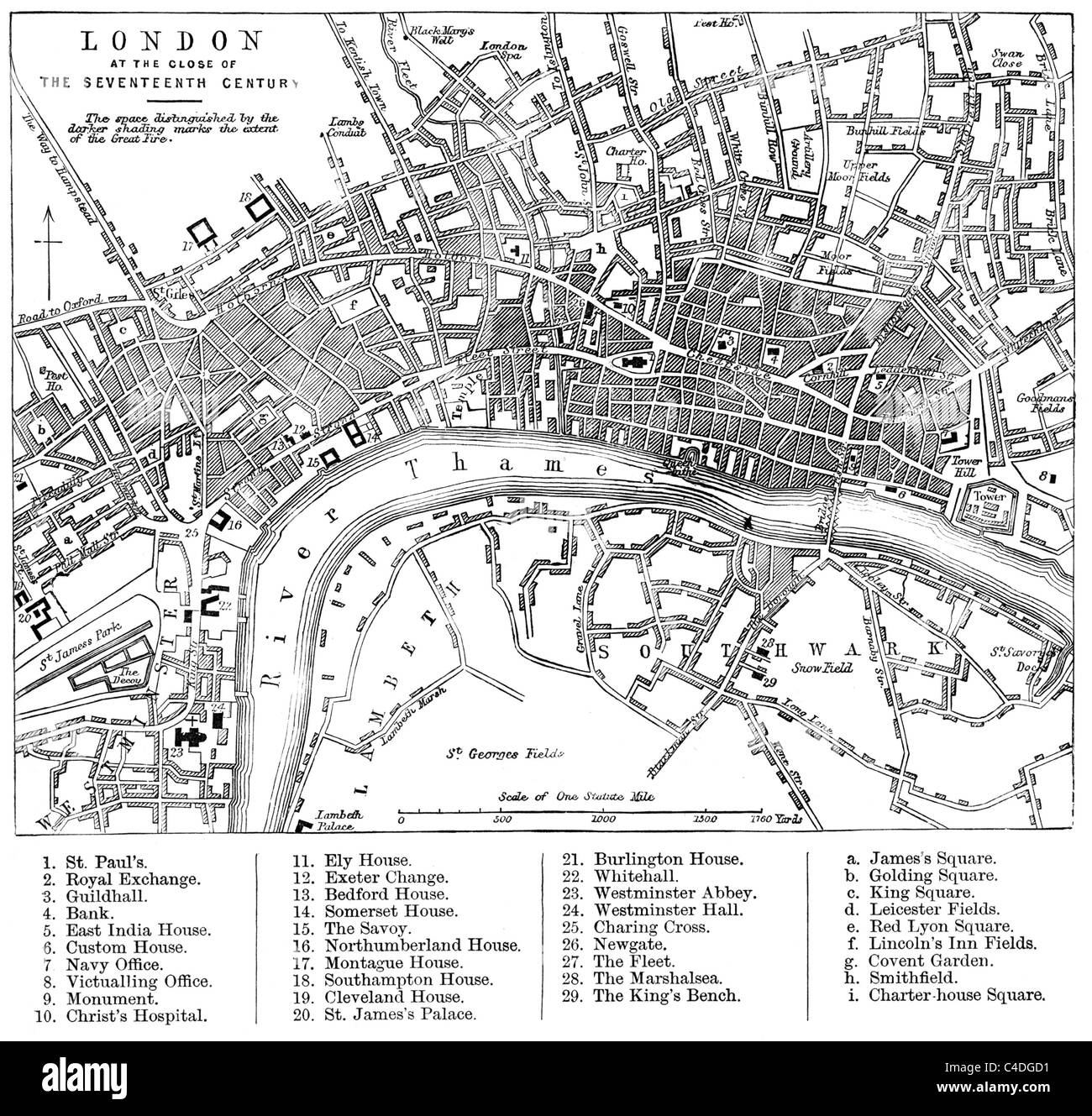 Kommentierte Karte von London im siebzehnten Jahrhundert, denen der Umfang der dem Großbrand von 1666; Schwarz und weiß-Abbildung; Stockfoto