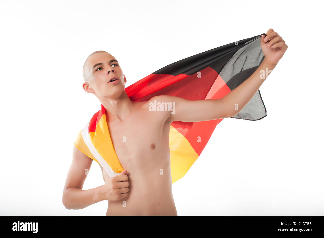 Deutsche Fußball-Fan-Jubel mit Deutschland Flagge Stockfoto
