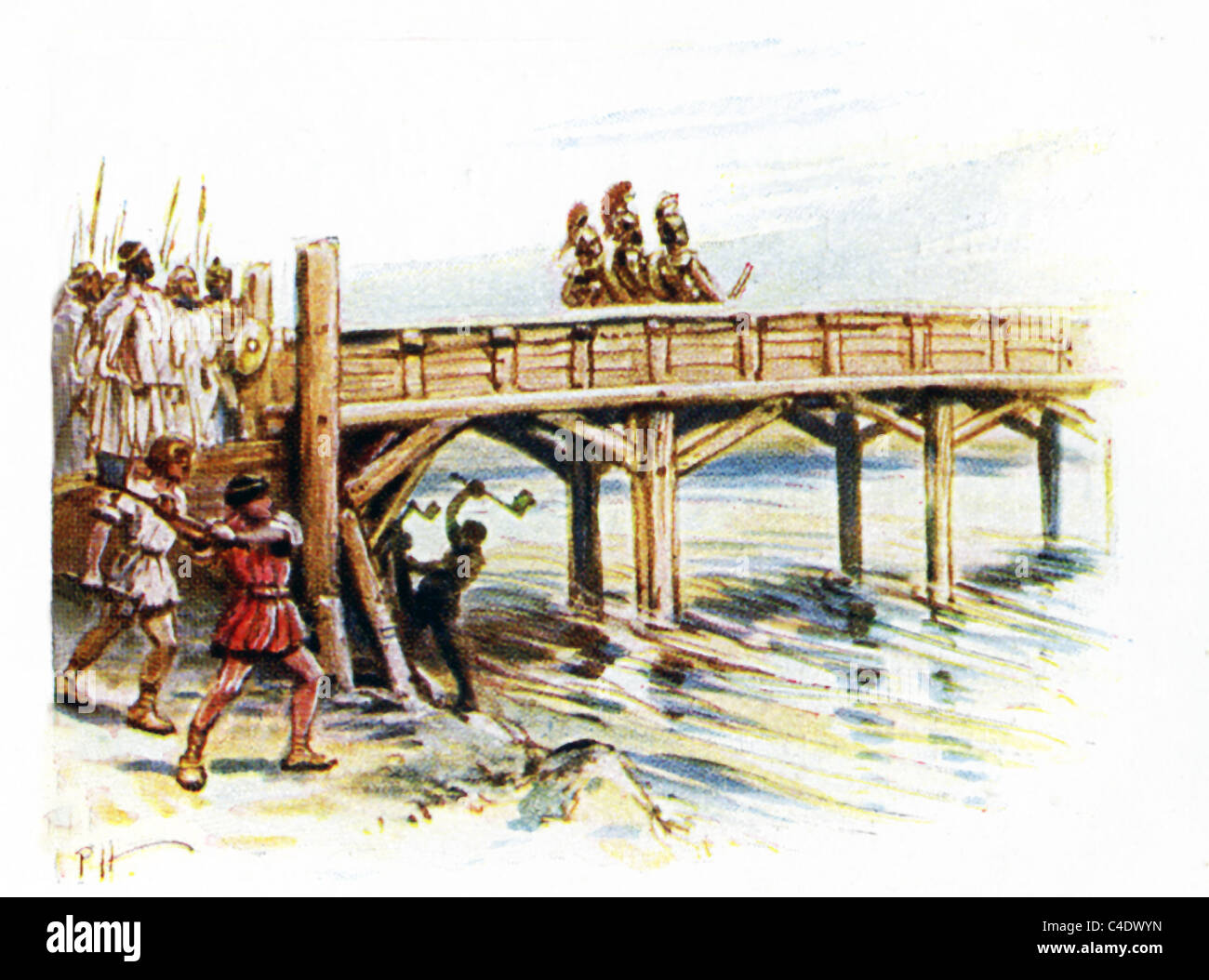 Die Etrusker waren bei der Pons Sublicius durch einbrach und zwei Begleiter gestoppt, während die Römer die Brücke schneiden. Stockfoto