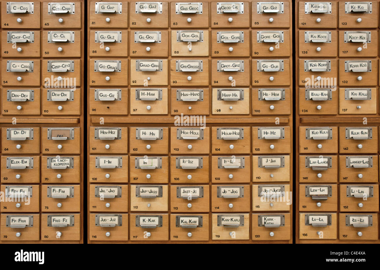 Eine alte Zettelkatalog in einer Bibliothek. Alle Schubladen geschlossen Stockfoto