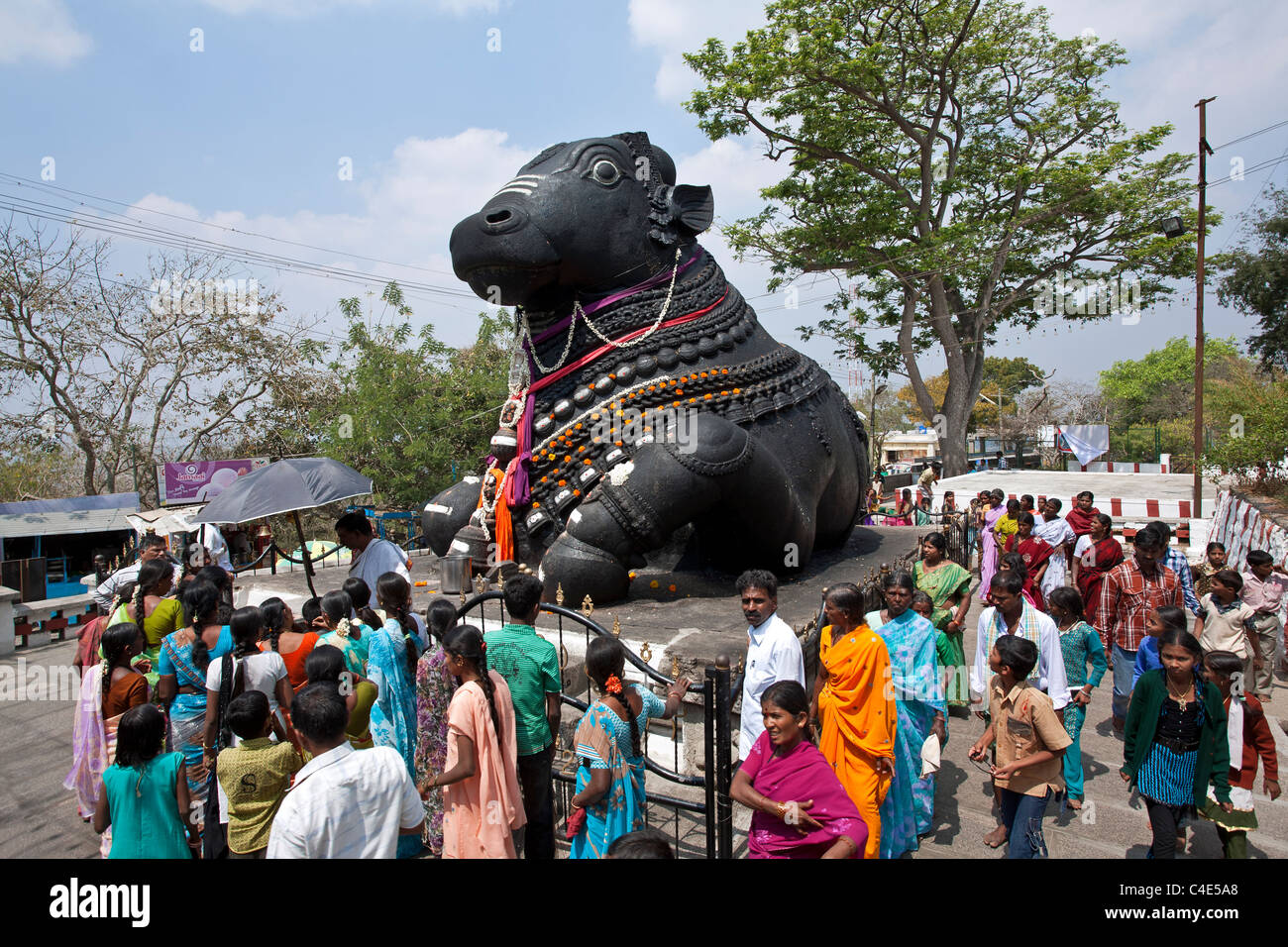 Hindu-Pilger verehren die Heiligen Nandi Bull (Shivas Fahrzeug). Chamundi Hill. Mysore. Indien Stockfoto