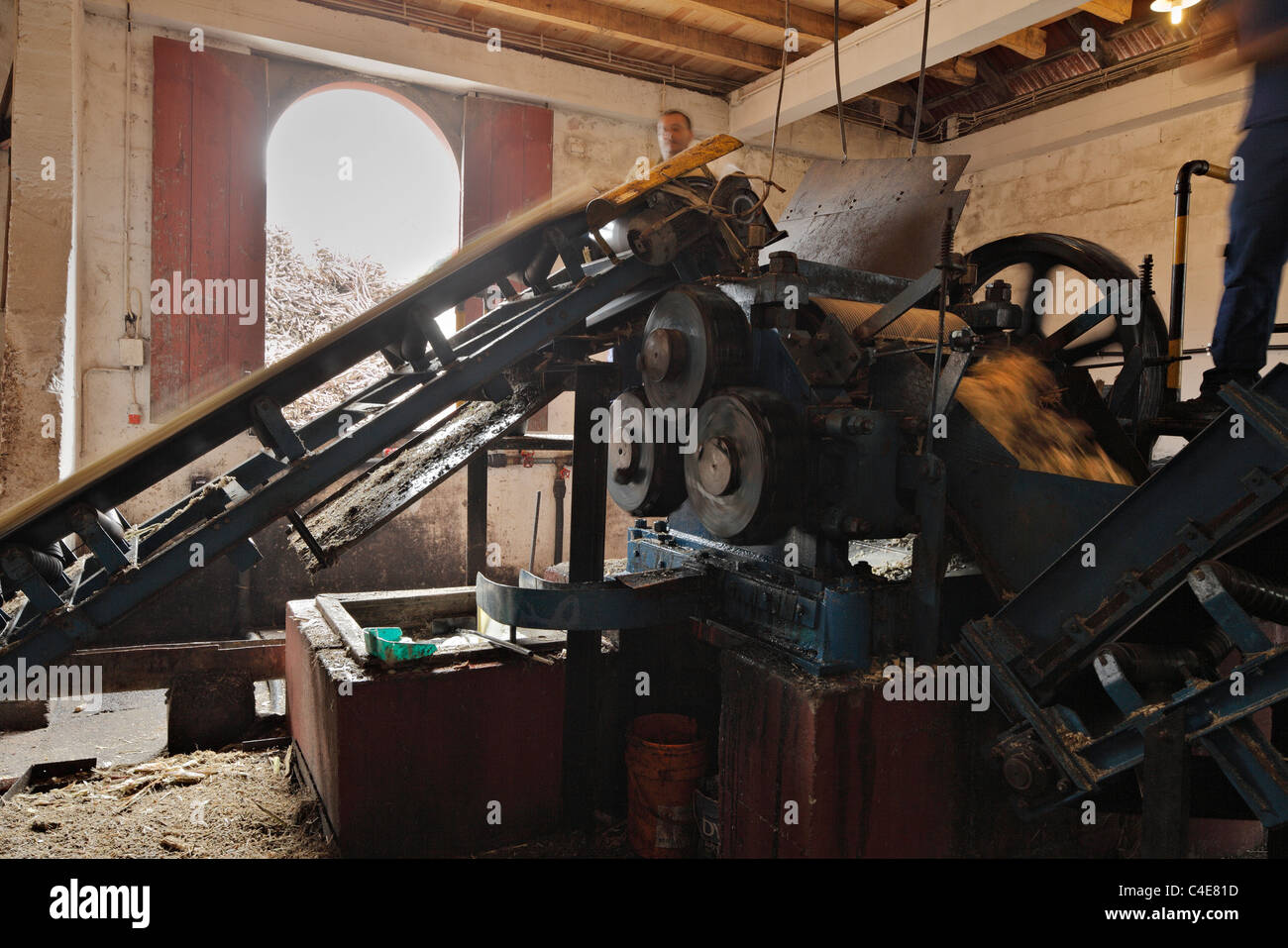 Maschinen in einer Arbeitsgruppe Zuckerrohrfabrik, Madeira. Stockfoto