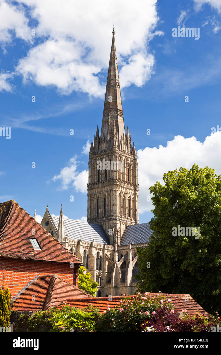 Turm der Kathedrale Salisbury Cathedral, Wiltshire, England, UK nahe Stockfoto