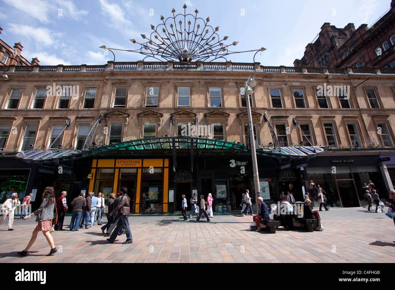 Pfau-Skulptur in der Buchanan Street-Fassade des Princes Square, Glasgow. Foto: Jeff Gilbert Stockfoto