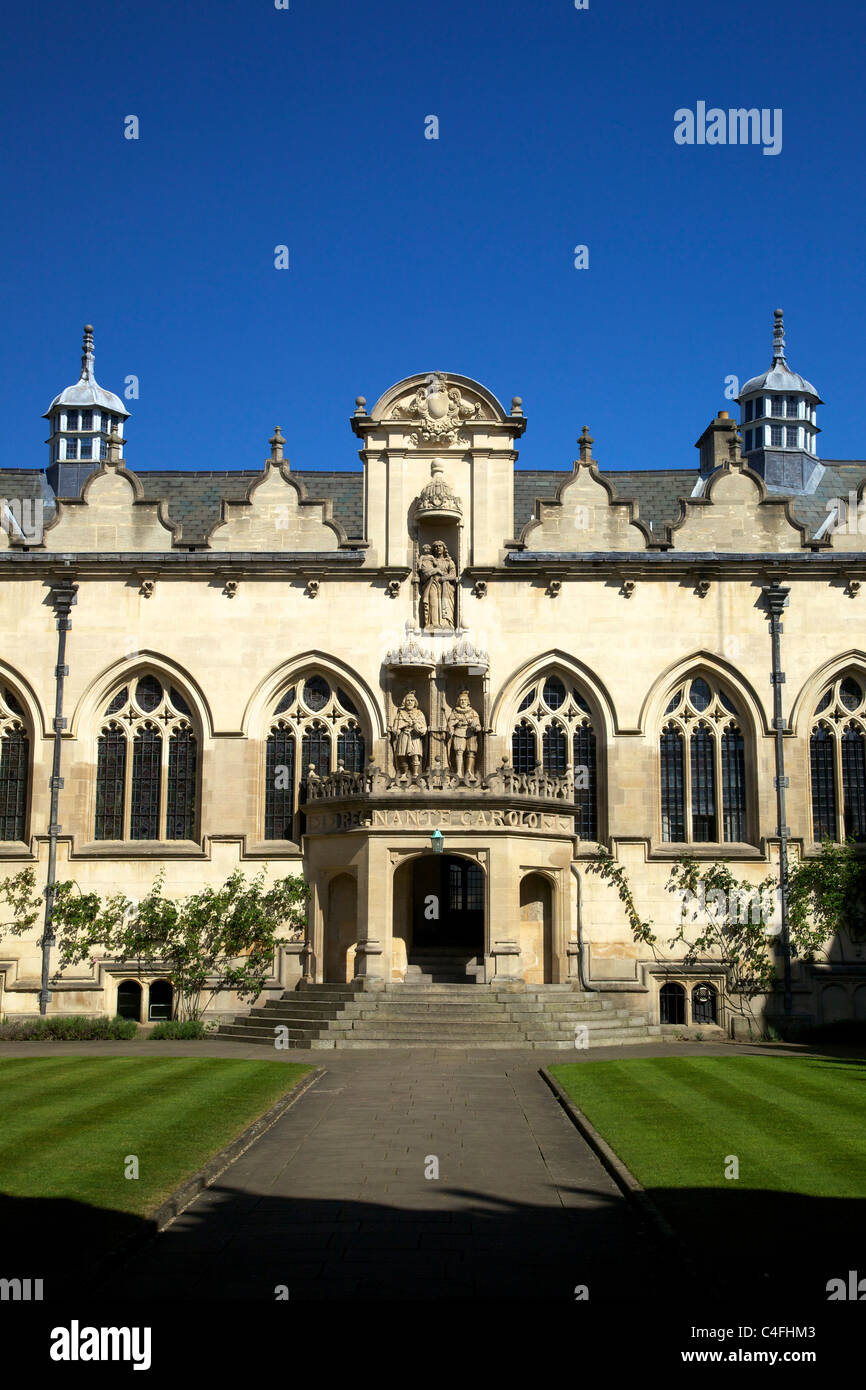 Vorne Quad Gebäuden einschließlich Hall und Kapelle, Oriel College, Oxford University, Oxford, Oxfordshire, England, UK, Stockfoto