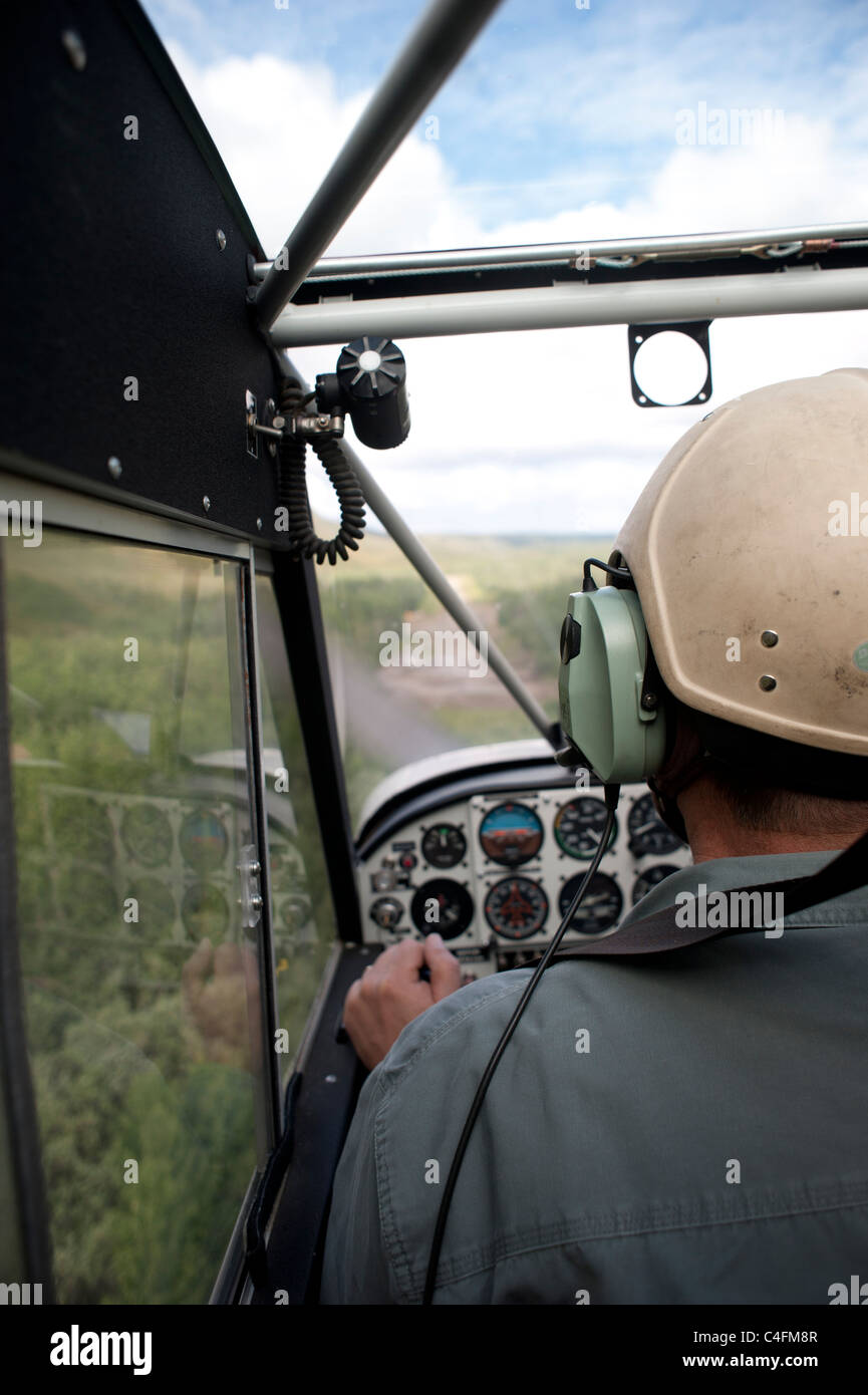 Pilot des Flugzeugs Aviat Husky kommt für eine Landung auf einem Backcountry Busch Streifen, Alaska Stockfoto