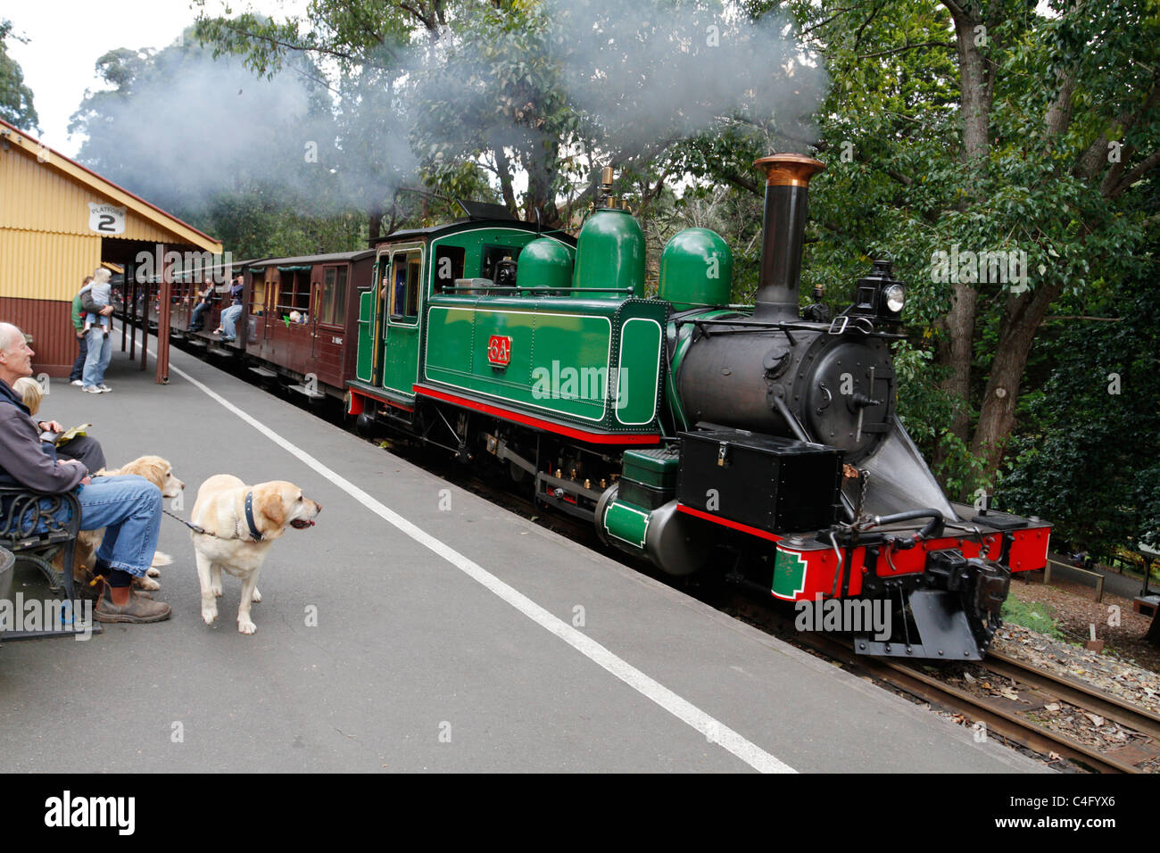 Dampfantrieb Zug, Puffing Billy, Haltestelle am See in Emerald, Australien. Stockfoto