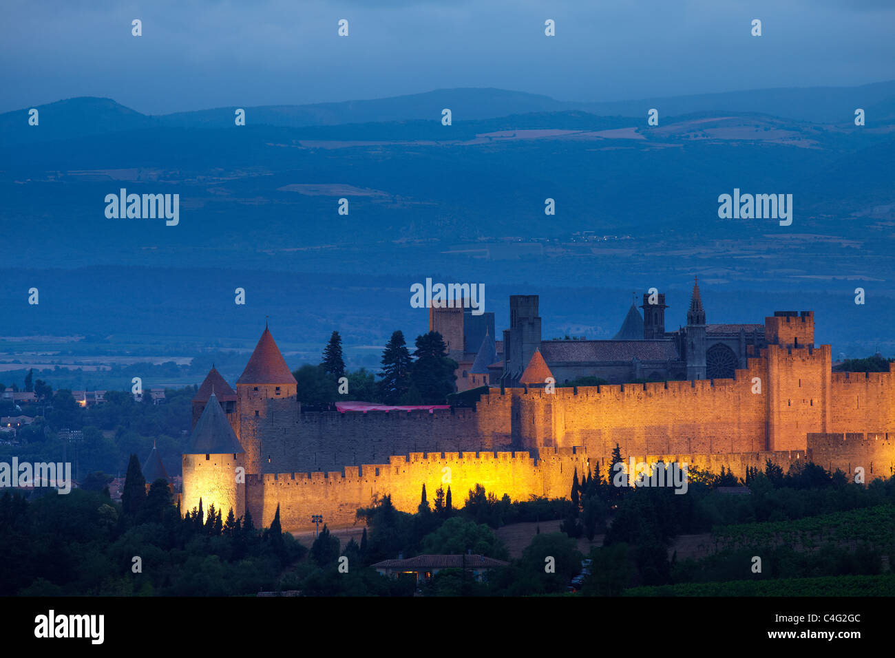 Carcassonne in der Abenddämmerung, Aude, Languedoc-Roussillon, Frankreich Stockfoto