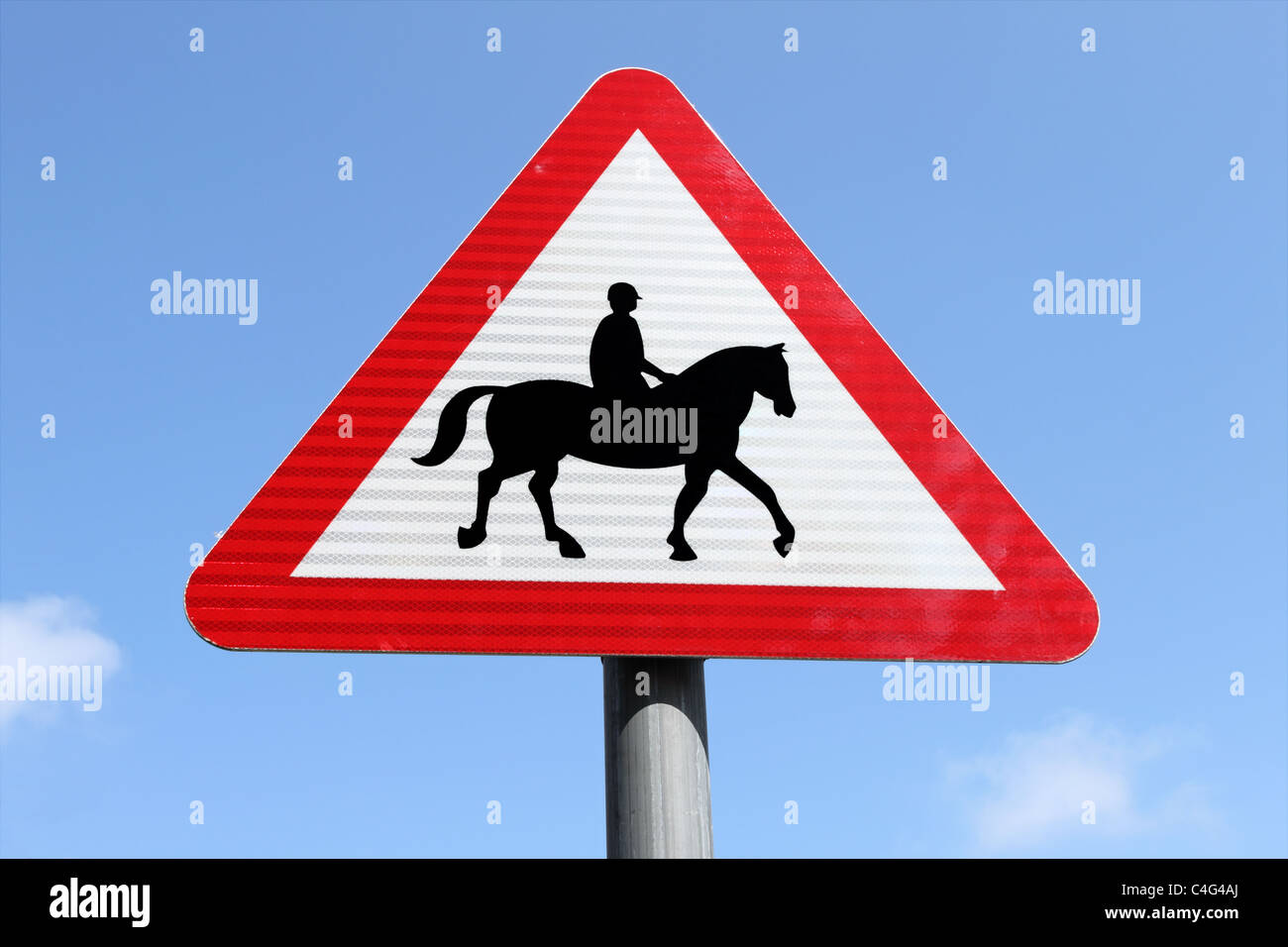 Britische begleitet Pferden oder Ponys, Warnzeichen Straße. Stockfoto
